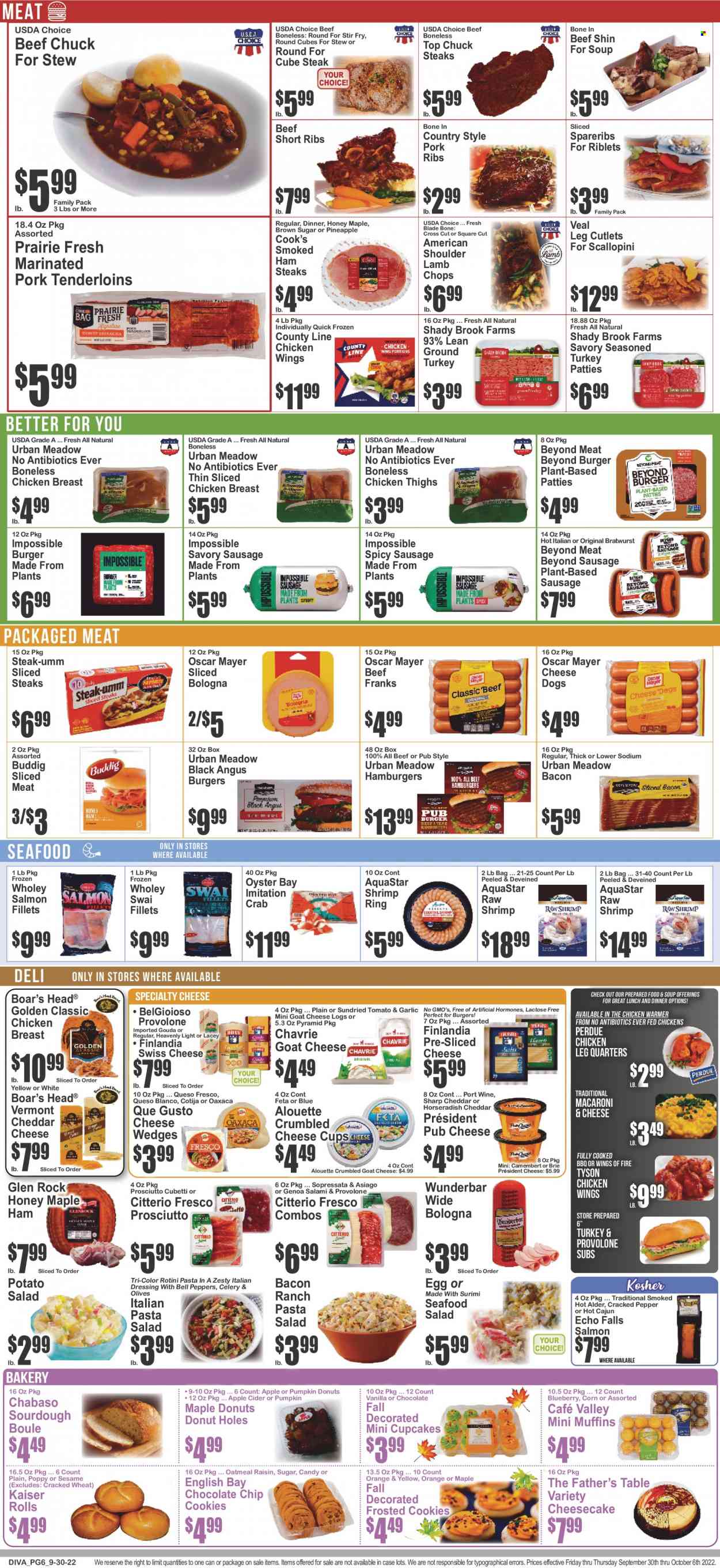 thumbnail - Key Food Flyer - 09/30/2022 - 10/06/2022 - Sales products - Father's Table, cupcake, donut holes, cheesecake, muffin, celery, corn, horseradish, pumpkin, salad, oranges, salmon, salmon fillet, oysters, seafood, crab, shrimps, swai fillet, macaroni & cheese, soup, hamburger, pasta, Perdue®, bacon, salami, ham, prosciutto, smoked ham, bologna sausage, Cook's, Oscar Mayer, bratwurst, sausage, potato salad, seafood salad, pasta salad, ham steaks, asiago, camembert, goat cheese, gouda, sliced cheese, swiss cheese, queso fresco, cheese cup, pub cheese, brie, Président, feta, Provolone, eggs, italian dressing, chicken wings, cookies, oatmeal, olives, dressing, honey, apple cider, port wine, cider, ground turkey, chicken breasts, chicken legs, chicken thighs, beef ribs, steak, pork meat, pork ribs, pork tenderloin, pork spare ribs, marinated pork, lamb chops, lamb meat, cup. Page 7.
