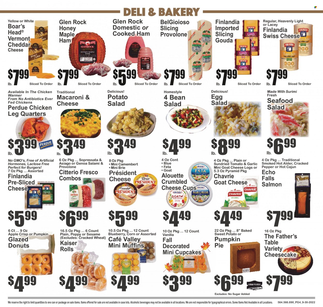 thumbnail - Key Food Flyer - 09/30/2022 - 10/06/2022 - Sales products - pie, Father's Table, cupcake, cheesecake, donut, muffin, corn, sweet potato, pumpkin, salad, salmon, seafood, macaroni & cheese, hamburger, Perdue®, cooked ham, salami, ham, potato salad, seafood salad, asiago, blue cheese, camembert, goat cheese, gouda, sliced cheese, swiss cheese, cheese cup, brie, Président, feta, Provolone, eggs, pepper, honey, chicken legs, cup. Page 4.