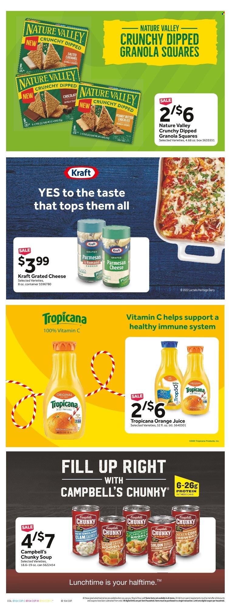 thumbnail - Stop & Shop Flyer - 09/30/2022 - 10/06/2022 - Sales products - corn, hamburger, Campbell's, soup, noodles, Kraft®, cheese, grated cheese, chicken corn, chocolate, granola, Nature Valley, peanut butter, orange juice, juice, container, vitamin c. Page 10.