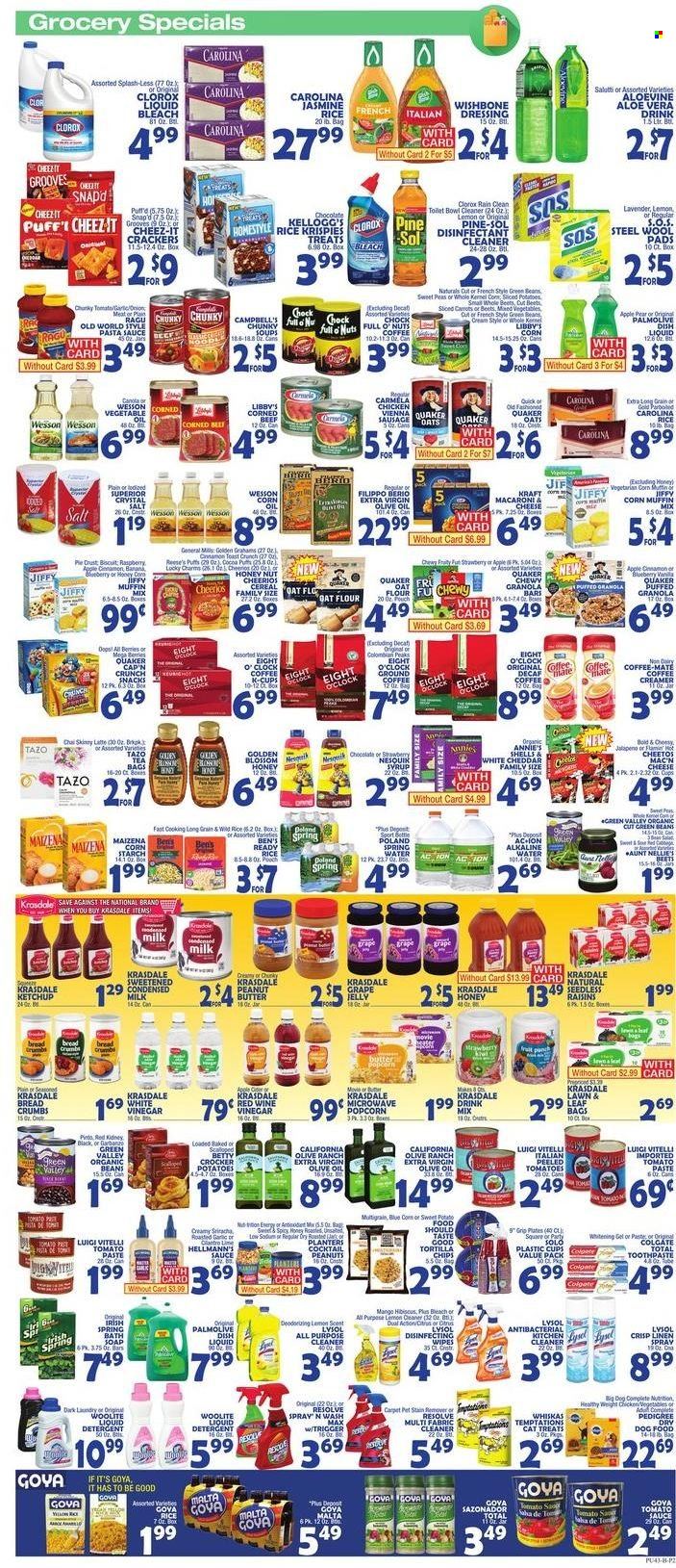 thumbnail - Bravo Supermarkets Flyer - 09/30/2022 - 10/06/2022 - Sales products - puffs, breadcrumbs, muffin mix, carrots, garlic, green beans, potatoes, peas, jalapeño, pears, Campbell's, pasta sauce, macaroni, sauce, Quaker, Annie's, Kraft®, sausage, Nesquik, Coffee-Mate, milk, condensed milk, Blossom, creamer, Hellmann’s, Reese's, mixed vegetables, chocolate, snack, jelly, crackers, biscuit, tortilla chips, Cheetos, chips, popcorn, oats, Maizena, corn muffin, tomato paste, tomato sauce, Goya, Carmela, cereals, Cheerios, granola bar, Rice Krispies, Cap'n Crunch, jasmine rice, cinnamon, sriracha, ketchup, dressing, ragu, corn oil, extra virgin olive oil, wine vinegar, olive oil, grape jelly, peanut butter, Jif, raisins, peanuts, Planters, spring water, alkaline water, tea, ground coffee, coffee capsules, K-Cups, Eight O'Clock, detergent, cleaner, bleach, desinfection, all purpose cleaner, stain remover, Lysol, Clorox, Woolite, Pine-Sol, liquid detergent, dishwashing liquid, Palmolive, soap, Colgate. Page 2.