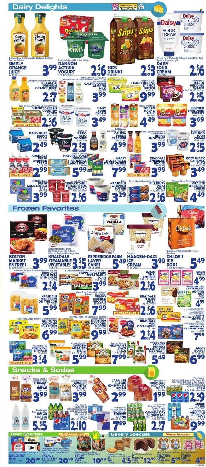 thumbnail - Bravo Supermarkets Flyer - 09/30/2022 - 10/06/2022 - Sales products - bagels, wheat bread, hot dog rolls, Sara Lee, french bread, muffin, banana bread, broccoli, corn, green beans, brussel sprouts, grapefruits, pineapple, coconut, fish, shrimps, fish fingers, Gorton's, fish sticks, pizza, meatballs, sandwich, nuggets, hamburger, Pillsbury, chicken nuggets, meatloaf, Bird's Eye, Kraft®, ham, cottage cheese, shredded cheese, string cheese, cheddar, pudding, yoghurt, Activia, Dannon, Danimals, milk, large eggs, whipped butter, I Can't Believe It's Not Butter, sour cream, whipped cream, creamer, ice cream, ice cream bars, Häagen-Dazs, mixed vegetables, potato fries, cookies, Nestlé, bread sticks, Jell-O, caramel, Canada Dry, ginger ale, lemonade, Mountain Dew, Schweppes, Pepsi, orange juice, juice, energy drink, tonic, Diet Pepsi, Red Bull, Snapple, A&W, smoothie, Club Soda, seltzer water, iced coffee, tea, beer, Corona Extra, Lager, Modelo, Avengers, Spiderman, Fairy, Chloé, Budweiser, Half and half, Coors. Page 3.