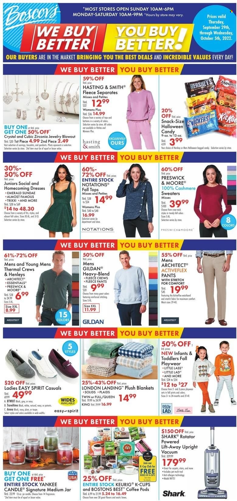 thumbnail - Boscov's Flyer - 09/29/2022 - 10/05/2022 - Sales products - Snickers, Mars, Hershey's, jar, candle, Yankee Candle, blanket, Keurig, pants, dress, bracelet, earrings, pendant, jewelry. Page 1.