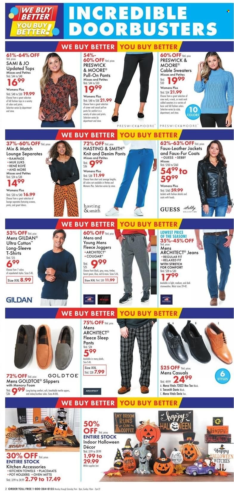 thumbnail - Boscov's Flyer - 09/29/2022 - 10/05/2022 - Sales products - slippers, Guess, broom, pot, oven mitt, placemat, kitchen towels, oven, lounge, coat, jacket, jeans, pants, t-shirt, tops, joggers. Page 2.