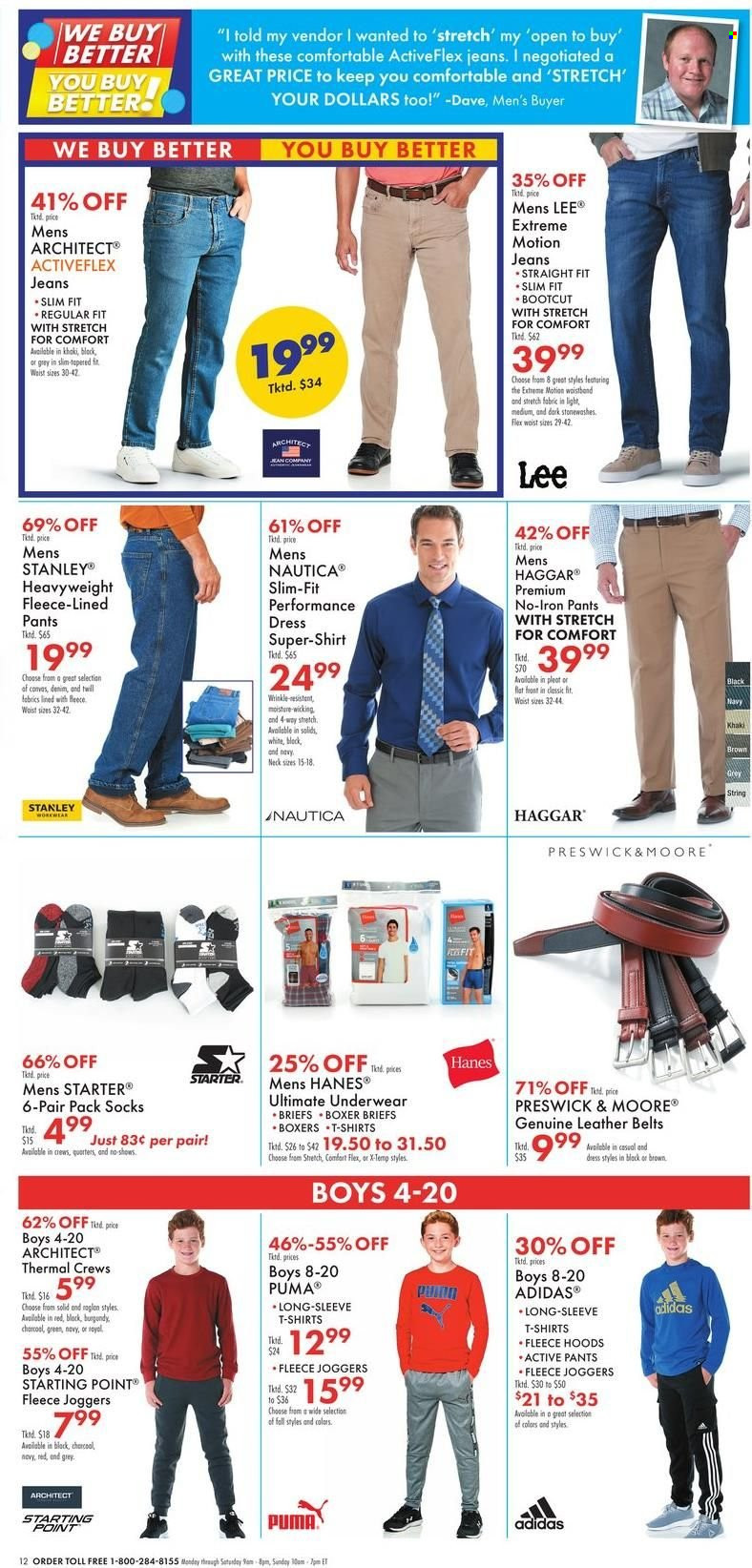 thumbnail - Boscov's Flyer - 09/29/2022 - 10/05/2022 - Sales products - Adidas, Puma, iron, Lee, jeans, pants, t-shirt, joggers, socks, underwear, briefs. Page 12.