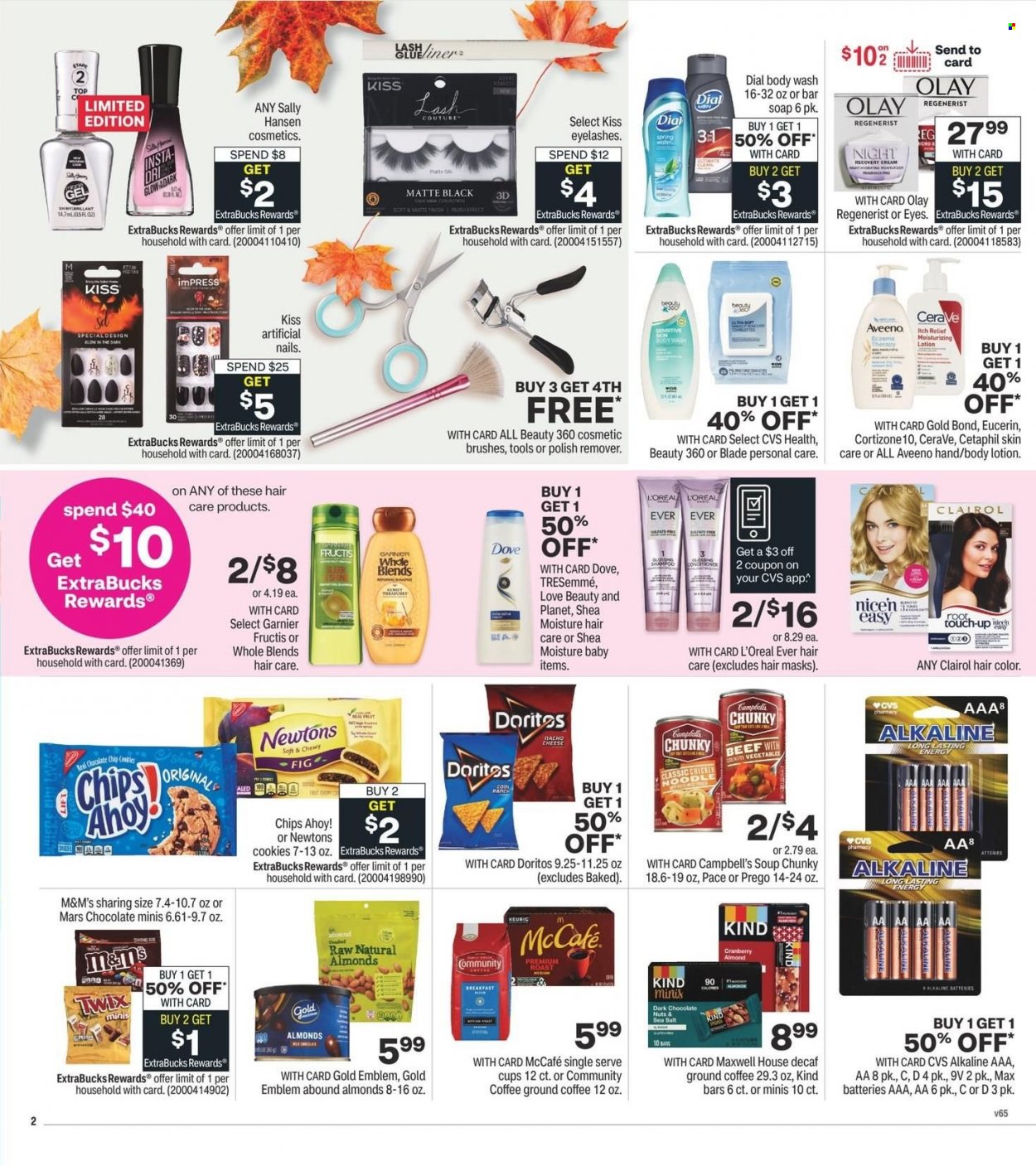 thumbnail - CVS Pharmacy Flyer - 10/02/2022 - 10/08/2022 - Sales products - Campbell's, soup, noodles, cookies, Dove, Twix, Mars, M&M's, dark chocolate, Chips Ahoy!, Doritos, chips, almonds, spring water, Maxwell House, coffee, ground coffee, McCafe, Aveeno, body wash, shampoo, Dial, soap, CeraVe, Garnier, L’Oréal, Olay, Root Touch-Up, Clairol, TRESemmé, hair color, Fructis, body lotion, Eucerin, battery, alkaline batteries, eyelashes. Page 3.