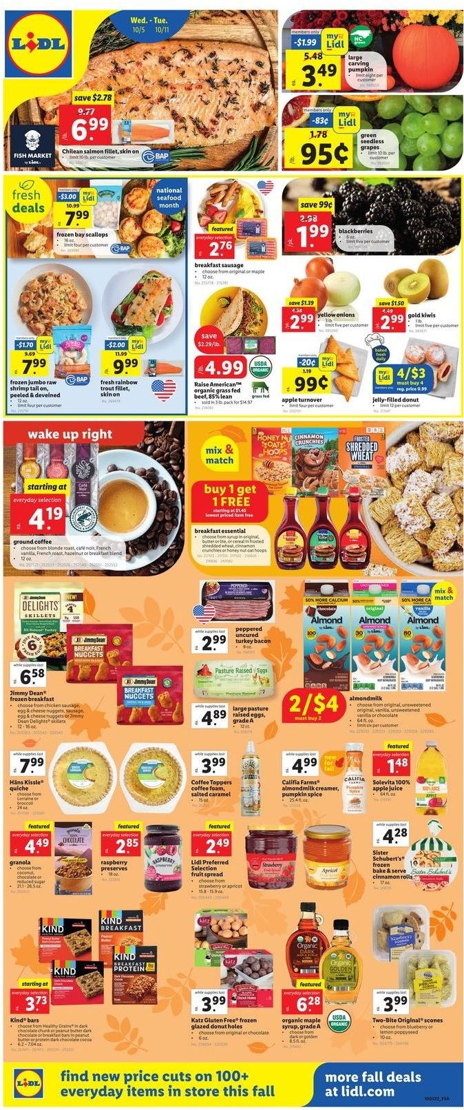 thumbnail - Lidl Flyer - 10/05/2022 - 10/11/2022 - Sales products - cinnamon roll, donut holes, onion, blackberries, grapes, kiwi, seedless grapes, coconut, salmon, salmon fillet, scallops, trout, seafood, shrimps, nuggets, cheese nuggets, Jimmy Dean, bacon, turkey bacon, sausage, almond milk, eggs, creamer, quiche, jelly, dark chocolate, granola, spice, syrup, apple juice, juice, coffee, ground coffee, breakfast blend, shades, lid, calcium. Page 1.