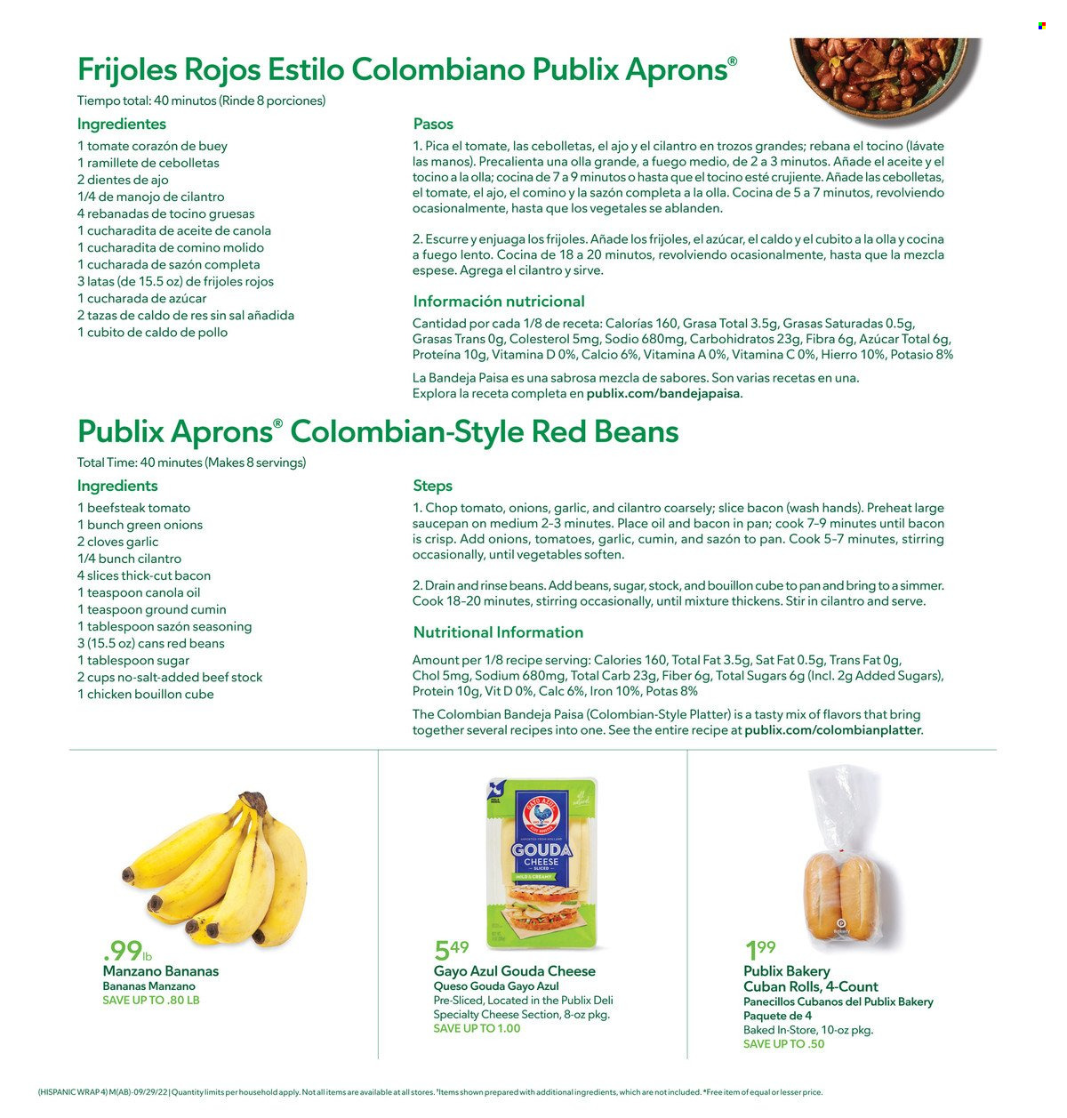 thumbnail - Publix Flyer - 09/29/2022 - 10/05/2022 - Sales products - garlic, bananas, bacon, gouda, cheese, bouillon, sugar, salt, red beans, cilantro, cloves, spice, cumin, canola oil. Page 4.