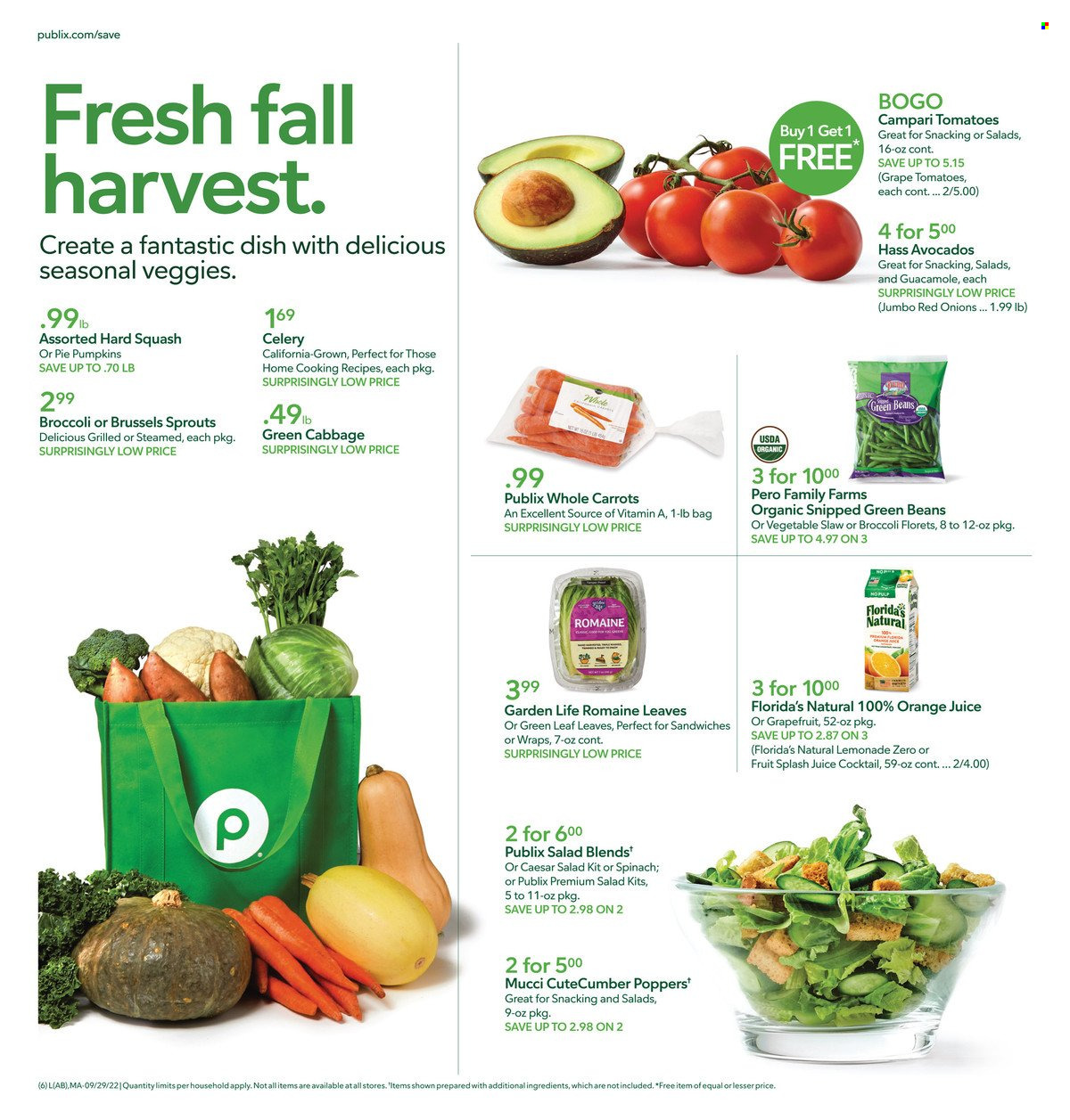 thumbnail - Publix Flyer - 09/29/2022 - 10/05/2022 - Sales products - wraps, green beans, red onions, onion, grapefruits, sandwich, guacamole, Florida's Natural, lemonade, orange juice, juice. Page 10.