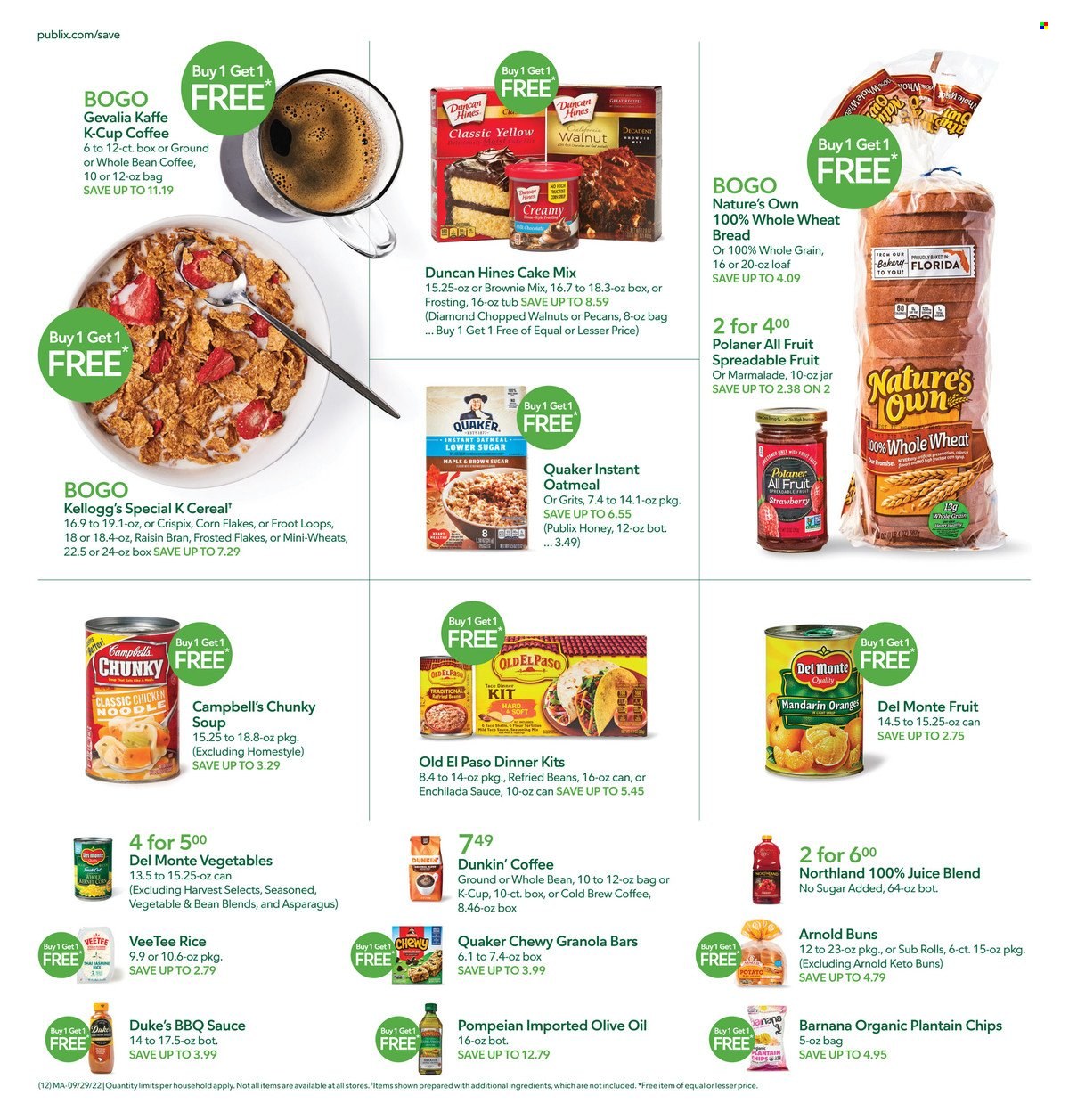 thumbnail - Publix Flyer - 09/29/2022 - 10/05/2022 - Sales products - wheat bread, buns, Old El Paso, brownie mix, cake mix, mandarines, oranges, Campbell's, soup, dinner kit, Quaker, noodles, Kellogg's, chips, frosting, oatmeal, grits, enchilada sauce, refried beans, Del Monte, cereals, corn flakes, granola bar, Frosted Flakes, Raisin Bran, rice, BBQ sauce, olive oil, oil, honey, pecans, juice, coffee, coffee capsules, K-Cups, Gevalia, Nature's Own. Page 16.