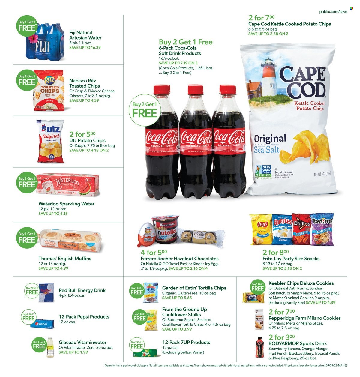 thumbnail - Publix Flyer - 09/29/2022 - 10/05/2022 - Sales products - english muffins, watermelon, oranges, cod, eggs, cookies, Nutella, chocolate, snack, Ferrero Rocher, Kinder Joy, Keebler, RITZ, bread sticks, Doritos, tortilla chips, potato chips, chips, Lay’s, Thins, Frito-Lay, Ruffles, Tostitos, oatmeal, raisins, dried fruit, Coca-Cola, Pepsi, energy drink, soft drink, 7UP, Red Bull, fruit punch, seltzer water, sparkling water, Go!, butternut squash. Page 17.