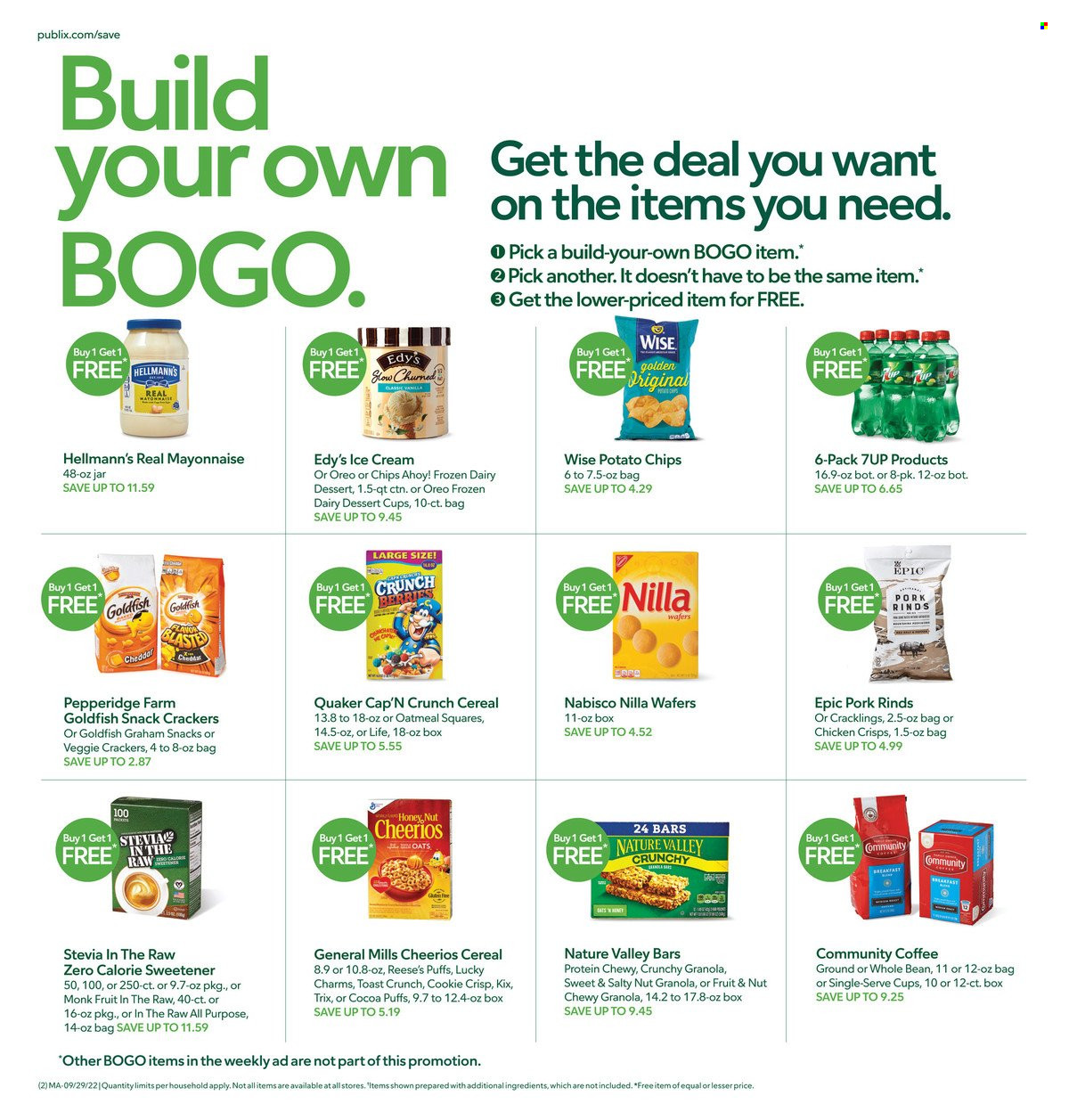 thumbnail - Publix Flyer - 09/29/2022 - 10/05/2022 - Sales products - puffs, Quaker, cheese, mayonnaise, Hellmann’s, Reese's, wafers, snack, crackers, Chips Ahoy!, potato chips, Goldfish, oatmeal, oats, stevia, sweetener, cereals, granola, Cheerios, Trix, Cap'n Crunch, Nature Valley, 7UP, coffee. Page 1.