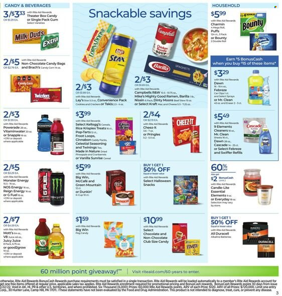 thumbnail - RITE AID Flyer - 10/02/2022 - 10/08/2022 - Sales products - ramen, soup, Barilla, Kraft®, Nissin, cookies, snack, Milk Duds, Bounty, crackers, Kellogg's, Pop-Tarts, chocolate candies, Mott's, Pringles, Lay’s, Cheez-It, puffs, Rice Krispies, spice, Powerade, juice, Monster, Monster Energy, Snapple, Twinings, coffee capsules, McCafe, K-Cups, Green Mountain, Charmin, Febreze, Swiffer, Cascade, candle, Duracell, Halloween, Hunter. Page 4.