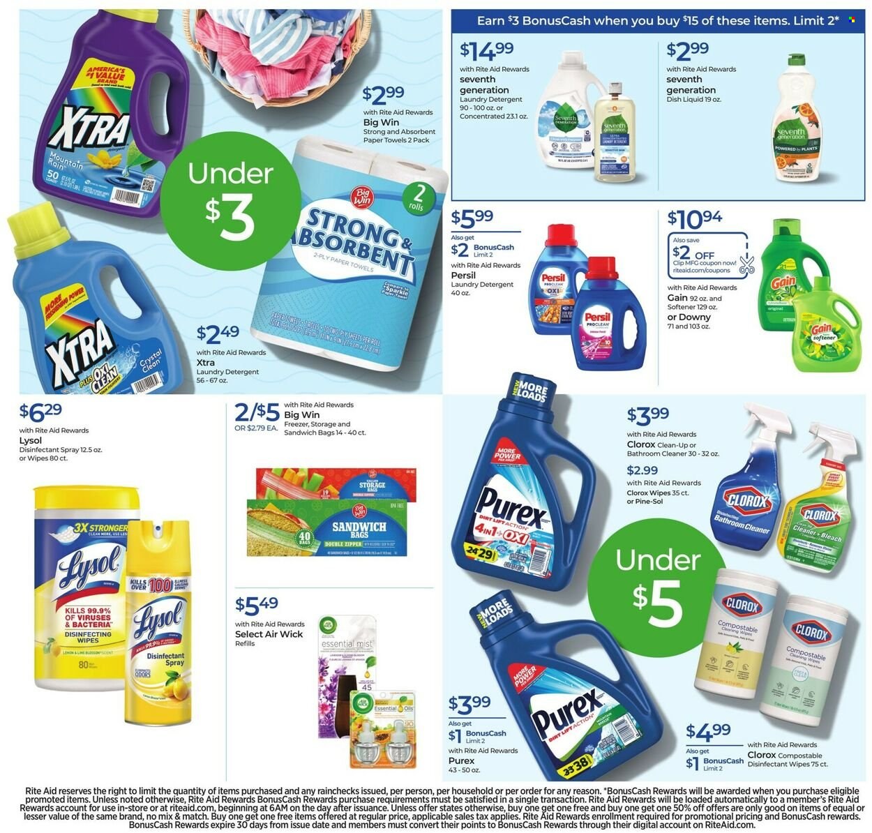 thumbnail - RITE AID Flyer - 10/02/2022 - 10/08/2022 - Sales products - beer, wipes, kitchen towels, paper towels, detergent, Gain, cleaner, bleach, desinfection, Lysol, Clorox, Pine-Sol, Persil, fabric softener, laundry detergent, XTRA, Purex, dishwashing liquid, antibacterial spray, bag, Air Wick, essential oils, Coors. Page 11.