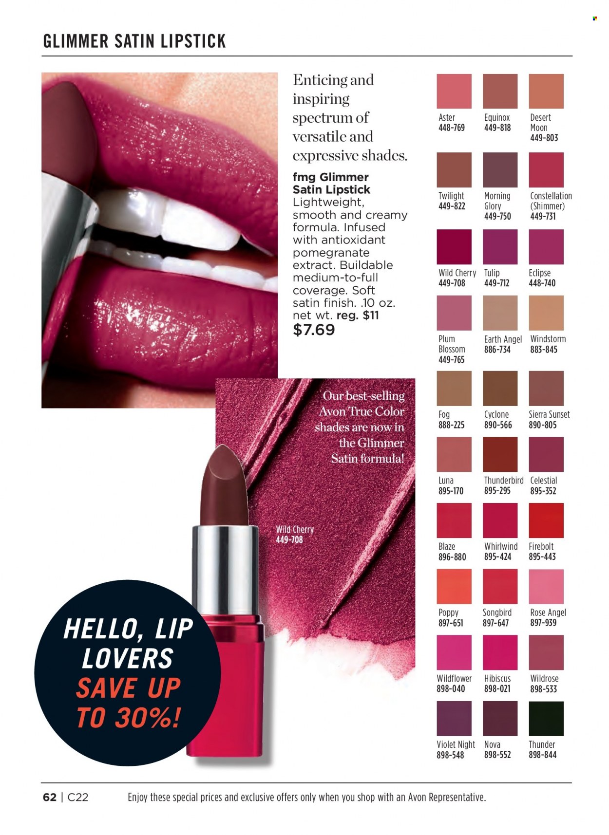 thumbnail - Avon Flyer - 09/28/2022 - 10/11/2022 - Sales products - Avon, True Color, lipstick, shades. Page 62.
