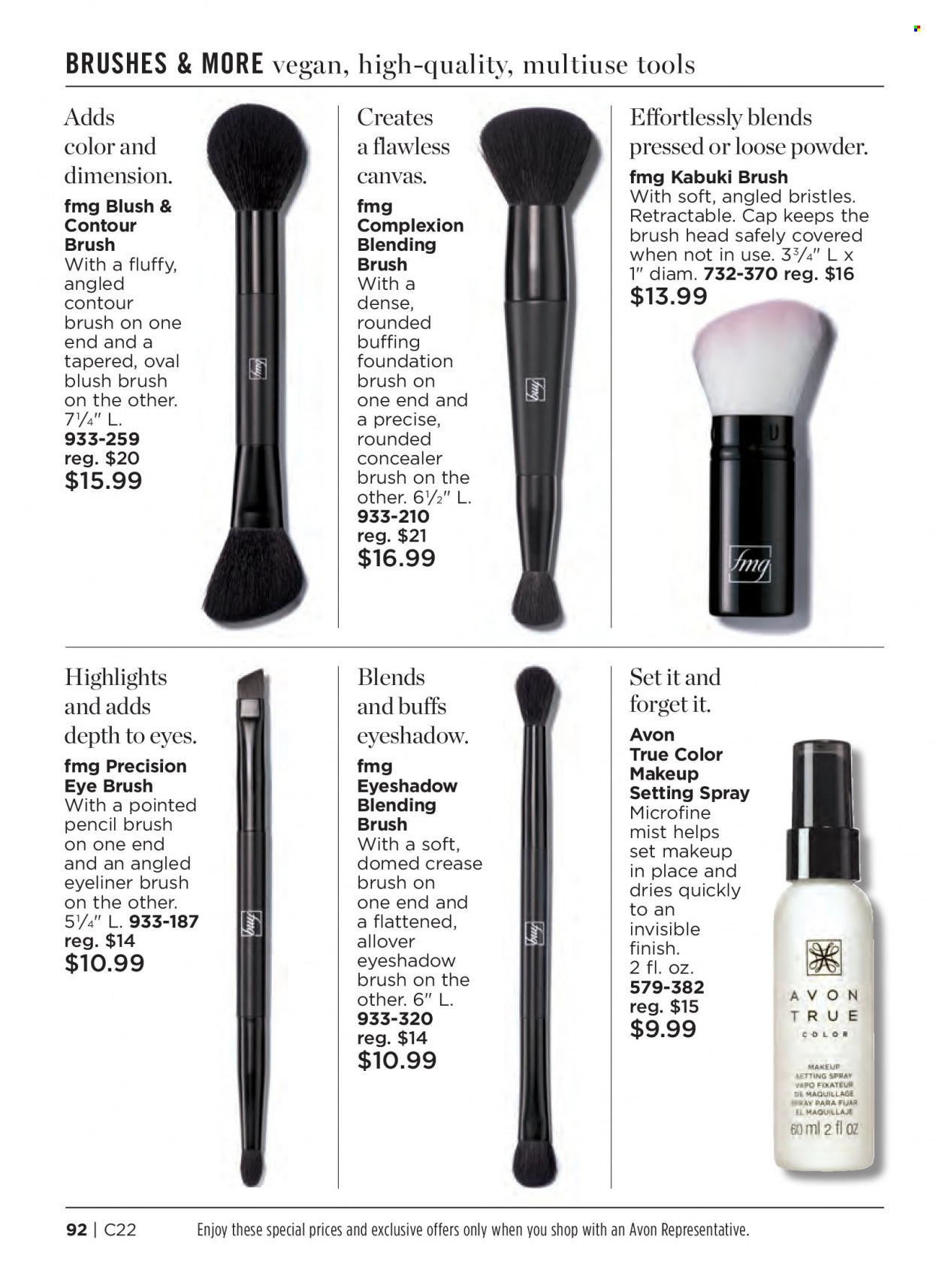 thumbnail - Avon Flyer - 09/28/2022 - 10/11/2022 - Sales products - Avon, True Color, canvas, corrector, eyeshadow, makeup, contour, eyeliner, Blush Brush, foundation brush, face powder, setting spray, eyeshadow brush. Page 92.