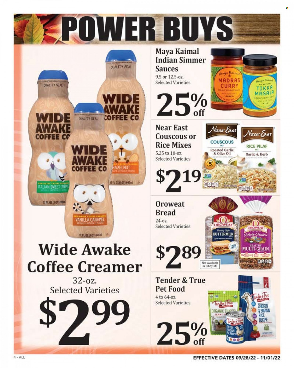 thumbnail - Rosauers Flyer - 09/28/2022 - 11/01/2022 - Sales products - bread, Ace, Tikka Masala, jerky, buttermilk, Milo, creamer, brown rice, couscous, caramel, olive oil, oil, animal food. Page 4.
