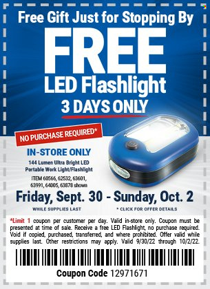 thumbnail - Harbor Freight Flyer - 09/30/2022 - 10/02/2022 - Sales products - flashlight, work light. Page 1.