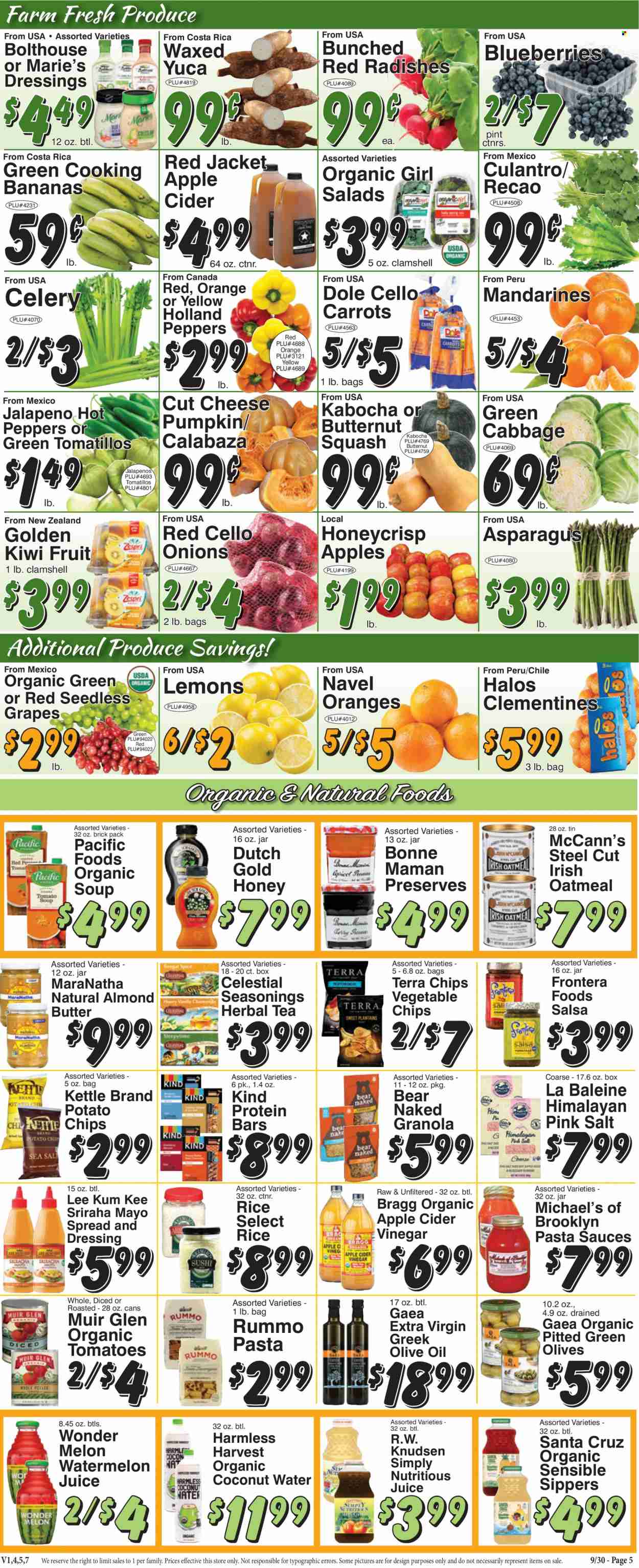 thumbnail - Trade Fair Supermarket Flyer - 09/30/2022 - 10/06/2022 - Sales products - asparagus, cabbage, carrots, celery, radishes, tomatillo, pumpkin, Dole, peppers, jalapeño, bananas, blueberries, grapes, kiwi, mandarines, seedless grapes, watermelon, oranges, pasta sauce, soup, pasta, almond butter, mayonnaise, potato chips, chips, vegetable chips, oatmeal, olives, granola, protein bar, rice, dressing, salsa, Lee Kum Kee, apple cider vinegar, extra virgin olive oil, olive oil, oil, juice, coconut water, tea, herbal tea, beer, butternut squash, clementines, melons, lemons, navel oranges. Page 5.