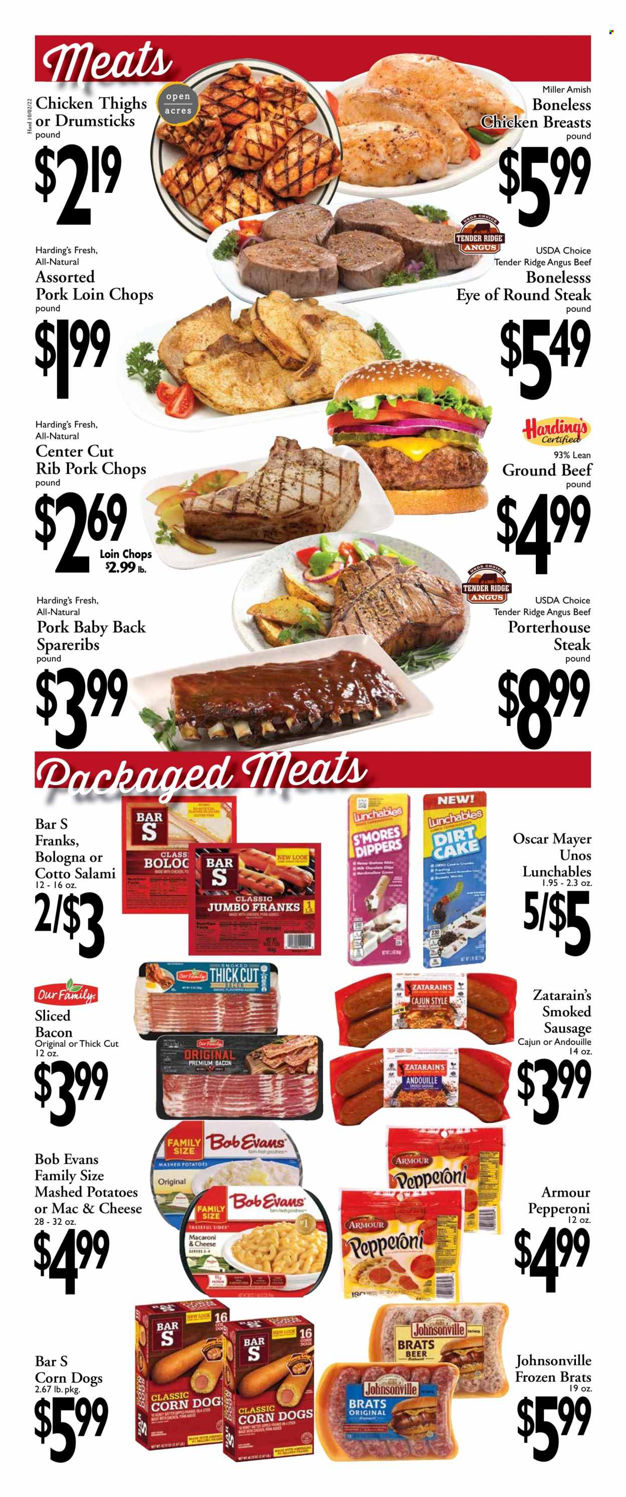 thumbnail - Harding's Markets Flyer - 10/02/2022 - 10/15/2022 - Sales products - mashed potatoes, Lunchables, Bob Evans, bacon, salami, Johnsonville, Oscar Mayer, sausage, smoked sausage, pepperoni, Miller, chicken breasts, chicken thighs, beef meat, ground beef, steak, eye of round, round steak, pork chops, pork loin, pork meat, pork ribs, pork spare ribs, pork back ribs. Page 2.