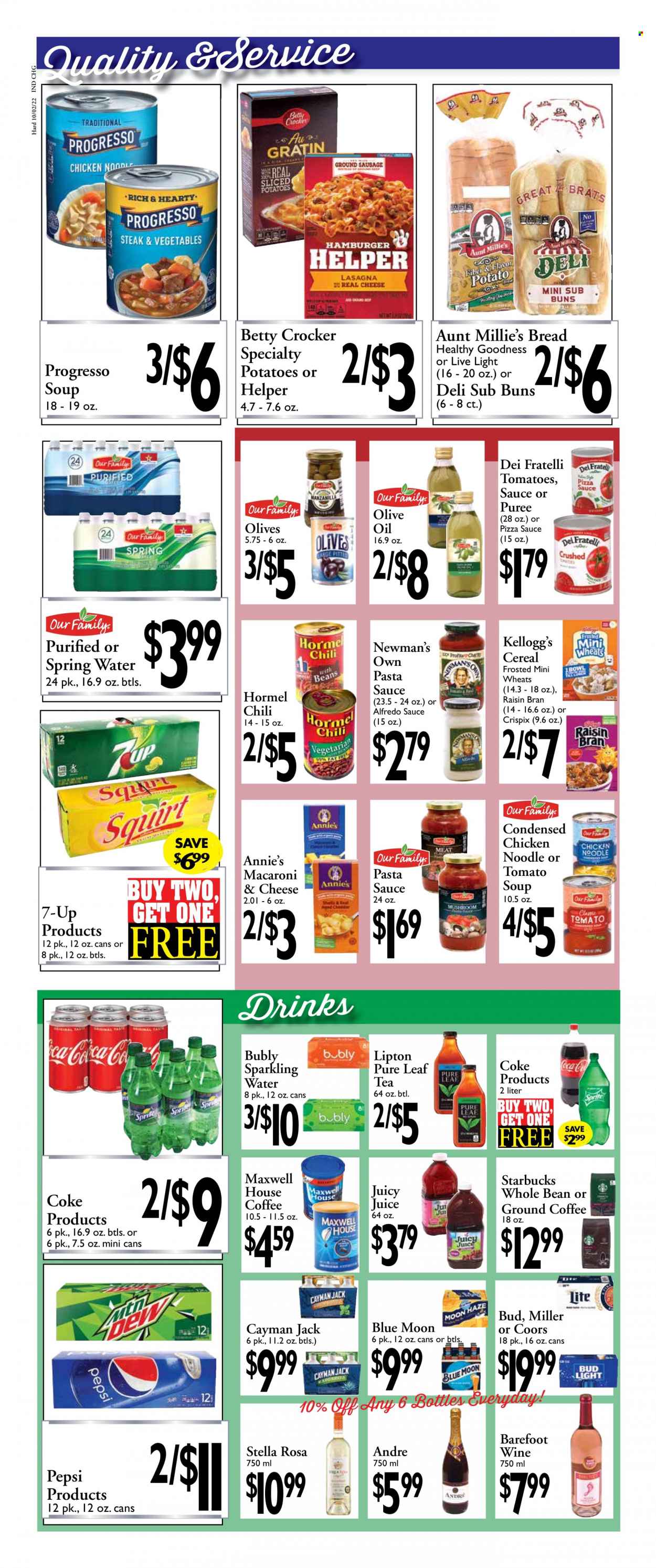 thumbnail - Harding's Markets Flyer - 10/02/2022 - 10/15/2022 - Sales products - bread, buns, potatoes, macaroni & cheese, tomato soup, pasta sauce, noodles, Progresso, Alfredo sauce, Annie's, Hormel, Kellogg's, olives, cereals, Raisin Bran, olive oil, oil, Coca-Cola, Pepsi, juice, Lipton, 7UP, spring water, sparkling water, Maxwell House, tea, Pure Leaf, coffee, Starbucks, ground coffee, beer, Miller, Coors, Blue Moon. Page 4.