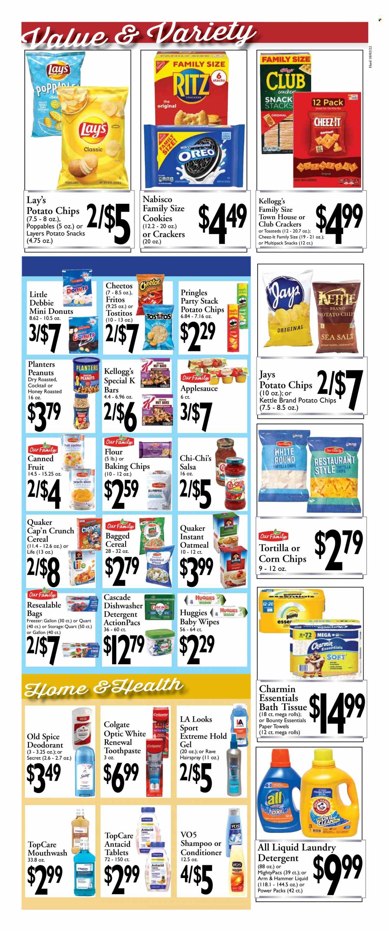 thumbnail - Harding's Markets Flyer - 10/02/2022 - 10/15/2022 - Sales products - tortillas, donut, Quaker, cookies, snack, Bounty, crackers, Kellogg's, Fritos, potato chips, Pringles, Cheetos, Lay’s, corn chips, Cheez-It, Tostitos, ARM & HAMMER, oatmeal, baking chips, canned fruit, cereals, Cap'n Crunch, spice, salsa, apple sauce, peanuts, Planters, shampoo, Old Spice, conditioner, VO5, Antacid. Page 5.