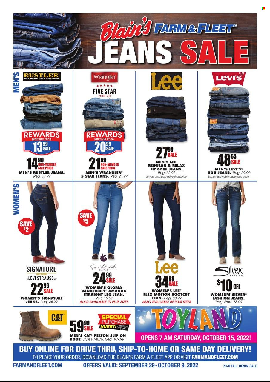 thumbnail - Blain's Farm & Fleet Flyer - 09/29/2022 - 10/09/2022 - Sales products - Lee, Gloria Vanderbilt', Levi's, jeans. Page 1.