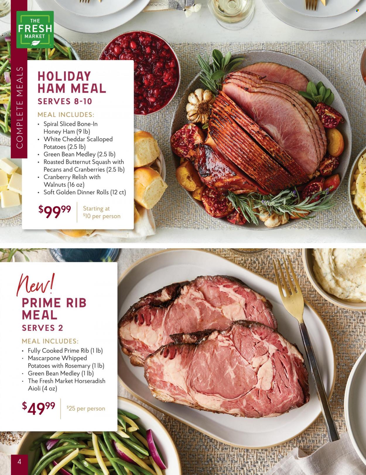 thumbnail - The Fresh Market Flyer - Sales products - dinner rolls, horseradish, potatoes, ham, mascarpone, cheddar, cheese, cranberries, rosemary, pecans, butternut squash. Page 4.