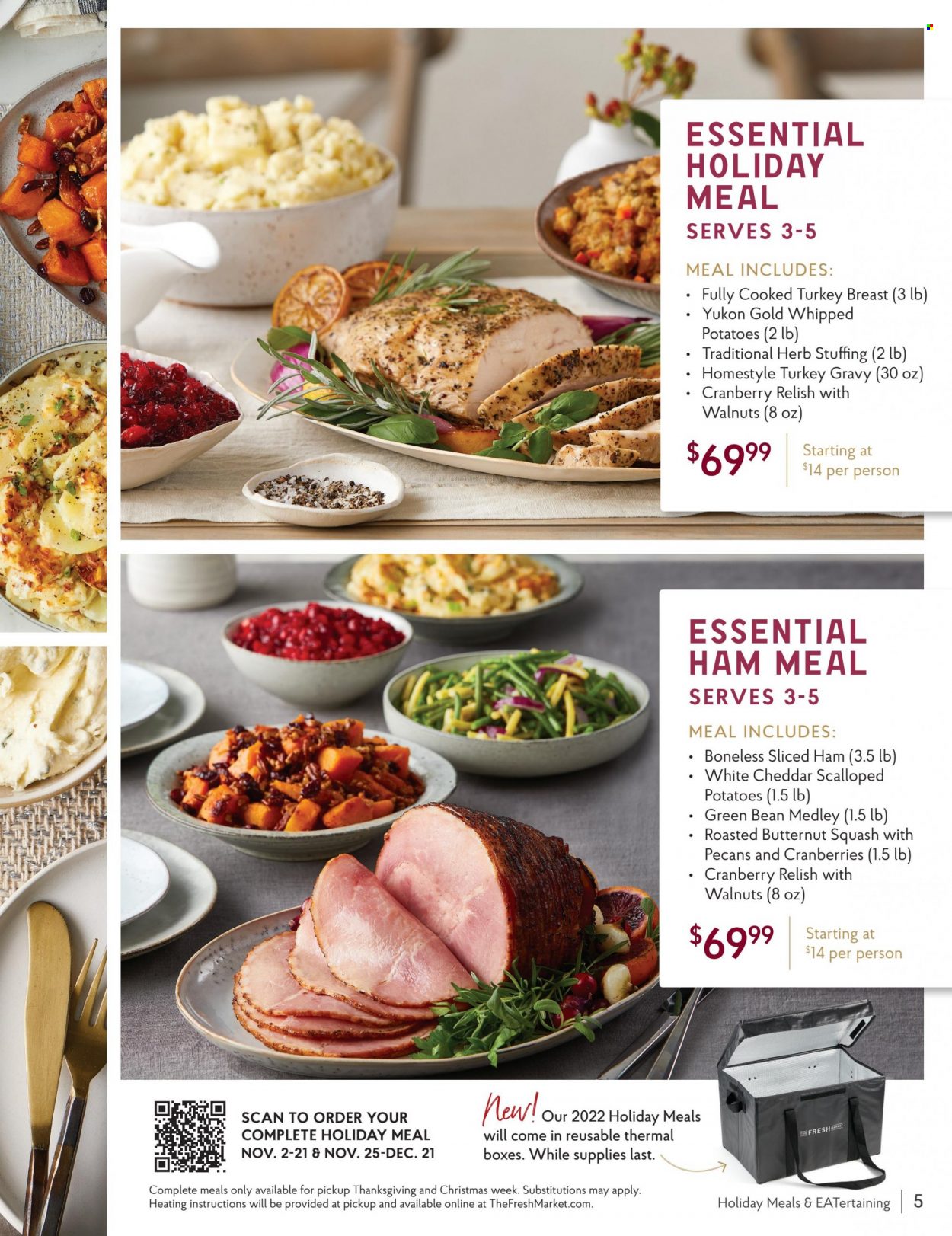 thumbnail - The Fresh Market Flyer - Sales products - potatoes, ham, cheddar, cheese, cranberries, herbs, turkey gravy, pecans, turkey breast, butternut squash. Page 5.