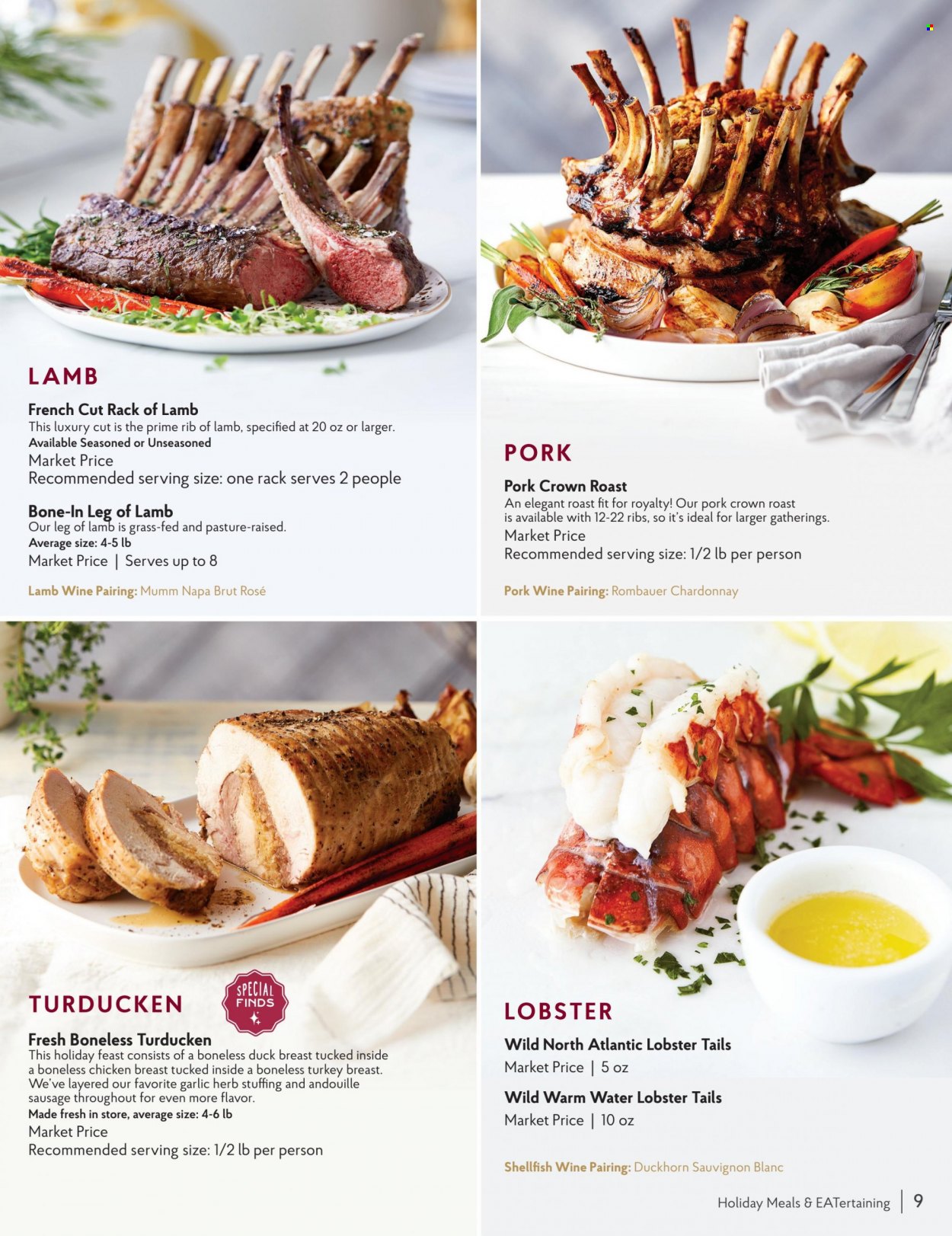 thumbnail - The Fresh Market Flyer - Sales products - garlic, lobster, lobster tail, sausage, herbs, white wine, Chardonnay, wine, Sauvignon Blanc, rosé wine, turkey breast, chicken breasts, duck meat, duck breasts, lamb meat, rack of lamb, lamb leg. Page 9.