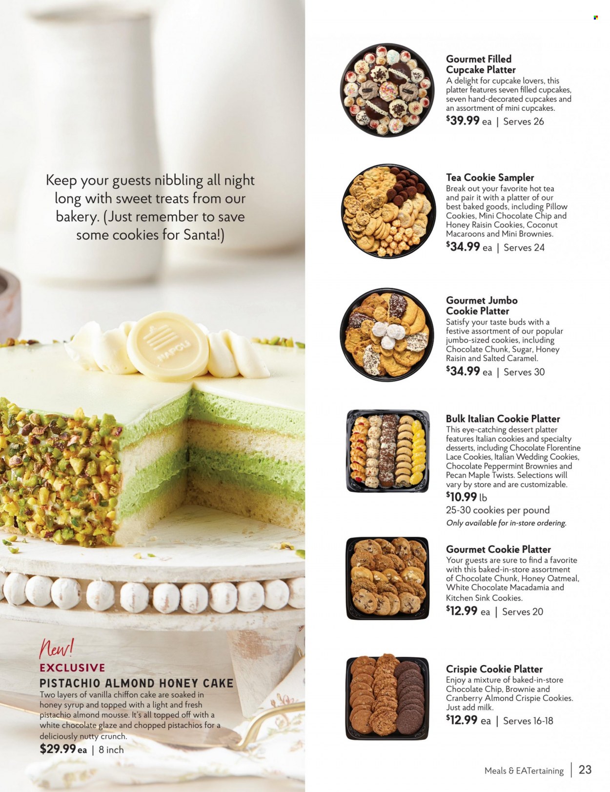 thumbnail - The Fresh Market Flyer - Sales products - cake, cupcake, macaroons, milk, cookies, Santa, sugar, oatmeal, honey, pistachios. Page 23.