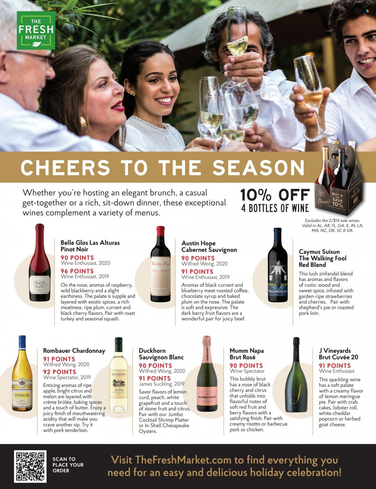 thumbnail - The Fresh Market Flyer - Sales products - pie, grapefruits, lobster, oysters, crab cake, goat cheese, cheddar, cheese, curd, butter, Celebration, popcorn, spice, chocolate syrup, lemon curd, Cabernet Sauvignon, red wine, sparkling wine, white wine, Chardonnay, wine, Pinot Noir, Cuvée, Sauvignon Blanc, rosé wine, pork loin, pork meat, pork tenderloin, melons. Page 24.