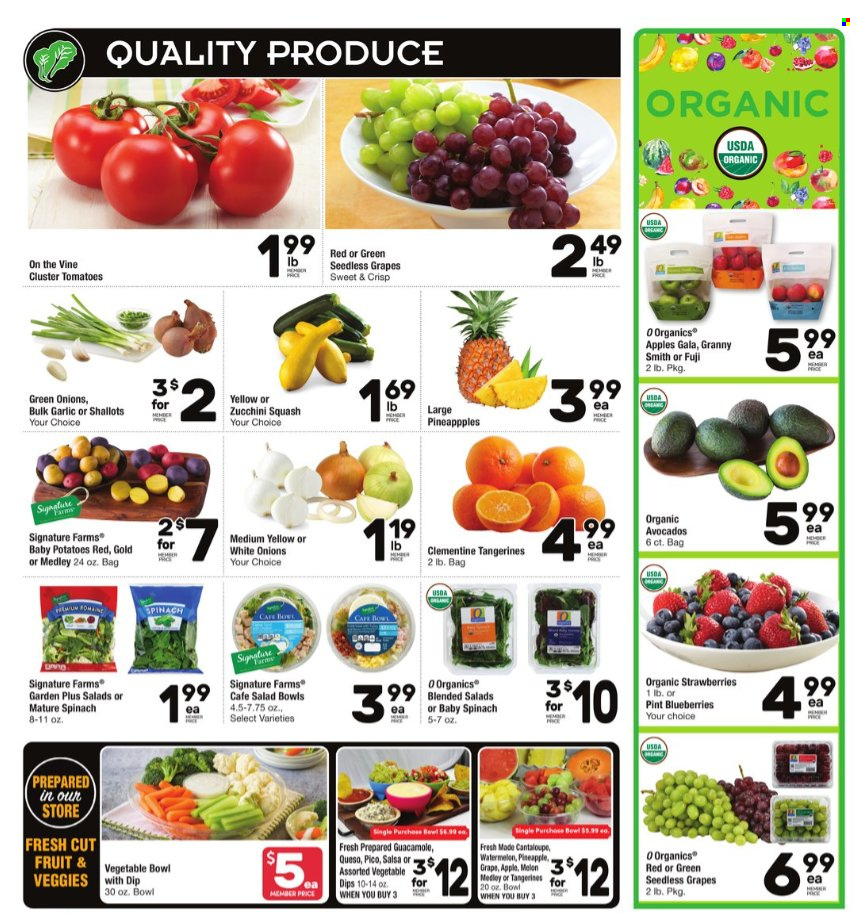 thumbnail - Tom Thumb Flyer - 10/05/2022 - 10/11/2022 - Sales products - garlic, shallots, tomatoes, zucchini, potatoes, apples, blueberries, Gala, seedless grapes, strawberries, watermelon, pineapple, Granny Smith, guacamole, dip, salsa, tangerines, melons. Page 3.