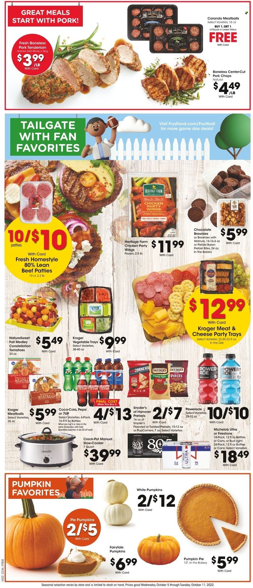 thumbnail - Fry’s Flyer - 10/05/2022 - 10/11/2022 - Sales products - pretzels, pie, brownies, tomatoes, pumpkin, meatballs, chocolate, popcorn, Coca-Cola, Powerade, Pepsi, 7UP, beer, Bud Light, beef meat, pork chops, pork meat, pork tenderloin, pot, CrockPot, Michelob. Page 4.