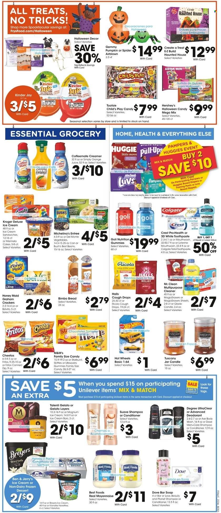 thumbnail - Fry’s Flyer - 10/05/2022 - 10/11/2022 - Sales products - bread, pumpkin, pasta, Coffee-Mate, creamer, mayonnaise, dip, Magnum, ice cream, ice cream bars, ice cream sandwich, Hershey's, Ben & Jerry's, Talenti Gelato, gelato, Dove, ricola, Halls, Kinder Joy, M&M's, crackers, Skittles, Starburst, Fritos, Cheetos, sugar, Del Monte, belVita, Honey Maid, orange juice, juice, Huggies, Pampers, pants, nappies, baby pants, Hot Wheels, cleaner, body wash, shampoo, Suave, soap bar, soap, Colgate, Listerine, toothpaste, mouthwash, Crest, conditioner, anti-perspirant, deodorant, Axe, candle, Glade, cough drops. Page 5.