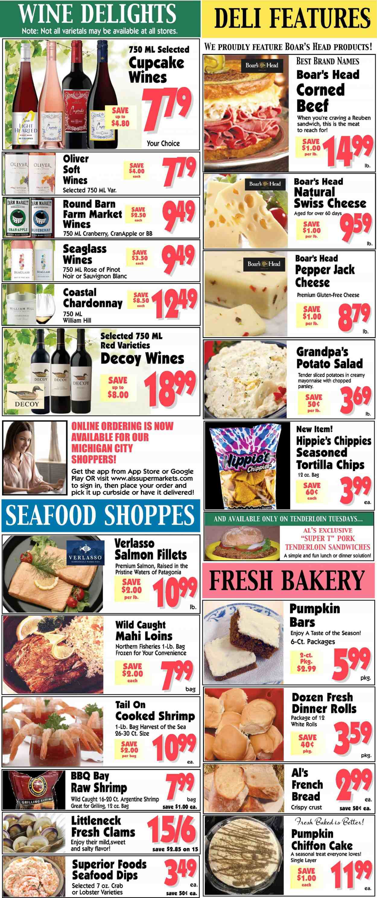 thumbnail - Al's Supermarket Flyer - 10/05/2022 - 10/11/2022 - Sales products - bread, dinner rolls, french bread, cupcake, potatoes, pumpkin, parsley, salad, clams, lobster, salmon, salmon fillet, seafood, crab, fish, shrimps, sandwich, potato salad, corned beef, swiss cheese, Pepper Jack cheese, cheese, mayonnaise, tortilla chips, red wine, white wine, Chardonnay, Pinot Noir, Sauvignon Blanc, rosé wine, beef meat, pork meat, pork tenderloin, grill. Page 3.