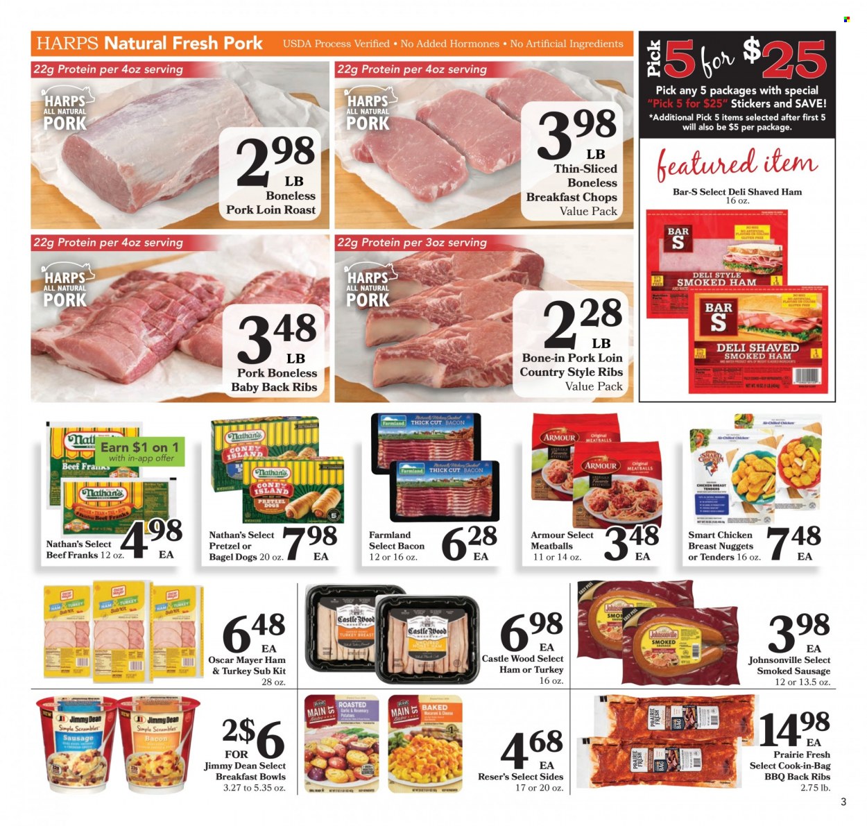 thumbnail - Harps Hometown Fresh Flyer - 10/05/2022 - 10/18/2022 - Sales products - pretzels, meatballs, nuggets, breakfast bowl, chicken nuggets, bagel dogs, Jimmy Dean, bacon, ham, Johnsonville, Oscar Mayer, sausage, smoked sausage, Castle, pork loin, pork meat, pork ribs, pork back ribs, country style ribs. Page 3.