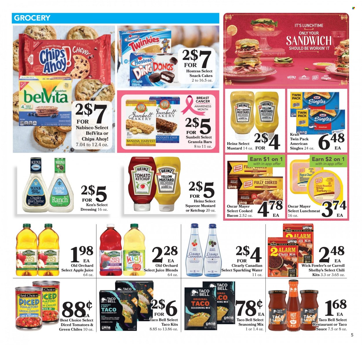 thumbnail - Harps Hometown Fresh Flyer - 10/05/2022 - 10/18/2022 - Sales products - cake, tomatoes, sauce, Kraft®, bacon, Oscar Mayer, lunch meat, snack, Chips Ahoy!, chips, Heinz, diced tomatoes, granola bar, belVita, spice, mustard, taco sauce, ketchup, dressing, apple juice, juice, sparkling water. Page 5.