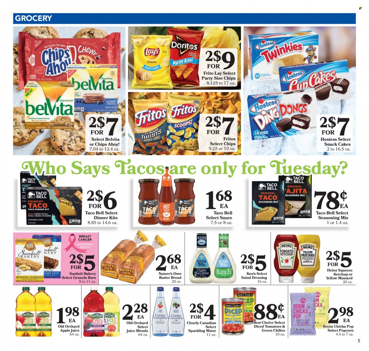 thumbnail - Harps Hometown Fresh Flyer - 10/05/2022 - 10/11/2022 - Sales products - bread, cake, tacos, tomatoes, sauce, dinner kit, snack, Chips Ahoy!, Fritos, chips, popcorn, Heinz, tomatoes & green chilies, diced tomatoes, granola bar, belVita, spice, mustard, salad dressing, ketchup, dressing, apple juice, juice, sparkling water. Page 5.