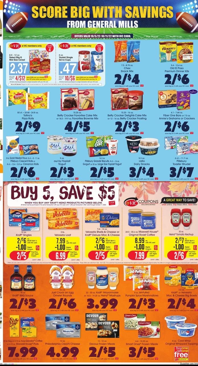 thumbnail - Harris Teeter Flyer - 10/05/2022 - 10/11/2022 - Sales products - pizza rolls, strudel, Old El Paso, cinnamon roll, crescent rolls, brownie mix, cake mix, cod, pizza, Pillsbury, dinner kit, Annie's, Kraft®, cream cheese, sandwich slices, Philadelphia, Kraft Singles, yoghurt, Yoplait, Cool Whip, mayonnaise, Devour, marshmallows, snack, crackers, biscuit, flour, frosting, topping, Heinz, cereals, Cheerios, Fiber One, spice, BBQ sauce, Maxwell House, coffee, Gevalia, Jet. Page 4.