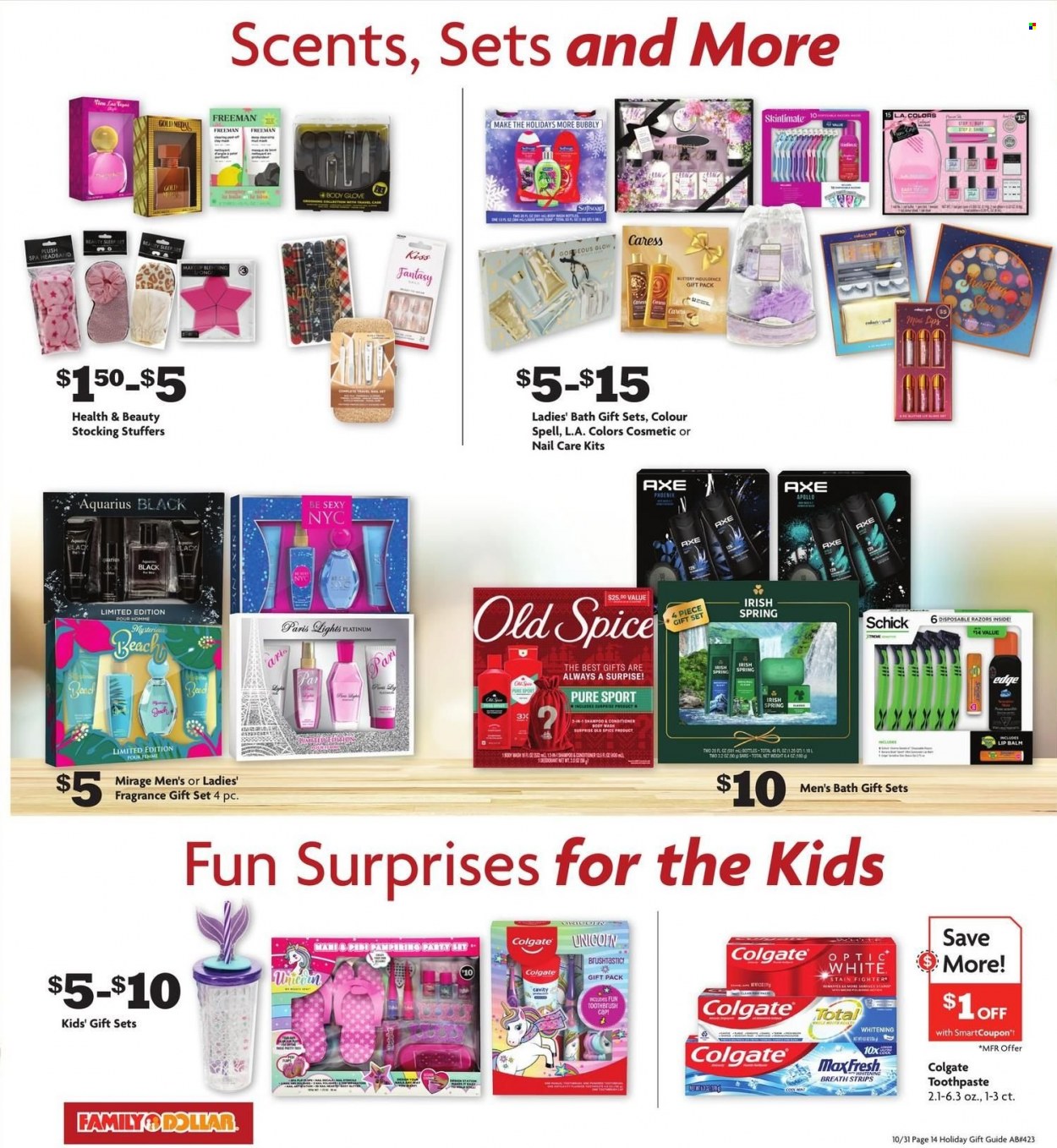 thumbnail - Family Dollar Flyer - 10/31/2022 - 12/25/2022 - Sales products - strips, gift set, spice, shampoo, Old Spice, Colgate, toothbrush, toothpaste, lip balm, conditioner, fragrance, Axe, Schick, disposable razor. Page 15.