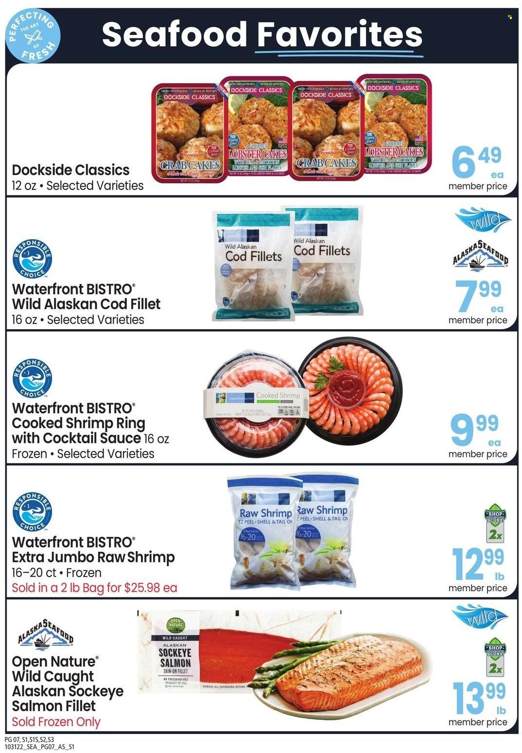 thumbnail - Safeway Flyer - 10/31/2022 - 11/27/2022 - Sales products - cod, lobster, salmon, salmon fillet, alaskan cod fillet, seafood, shrimps, crab cake, lobster cakes, sauce, cocktail sauce. Page 7.