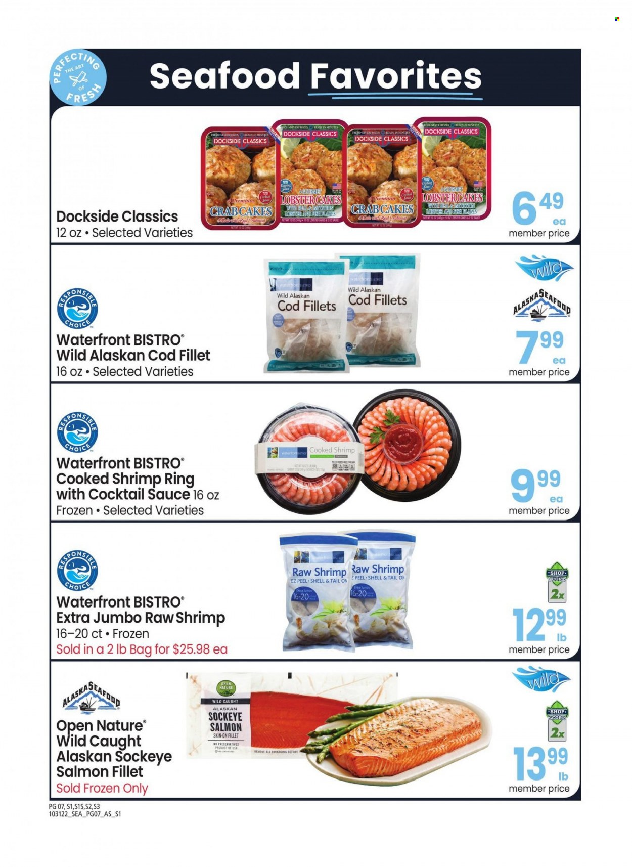 thumbnail - Albertsons Flyer - 10/31/2022 - 11/27/2022 - Sales products - cod, lobster, salmon, salmon fillet, alaskan cod fillet, seafood, shrimps, crab cake, lobster cakes, sauce, cocktail sauce. Page 7.