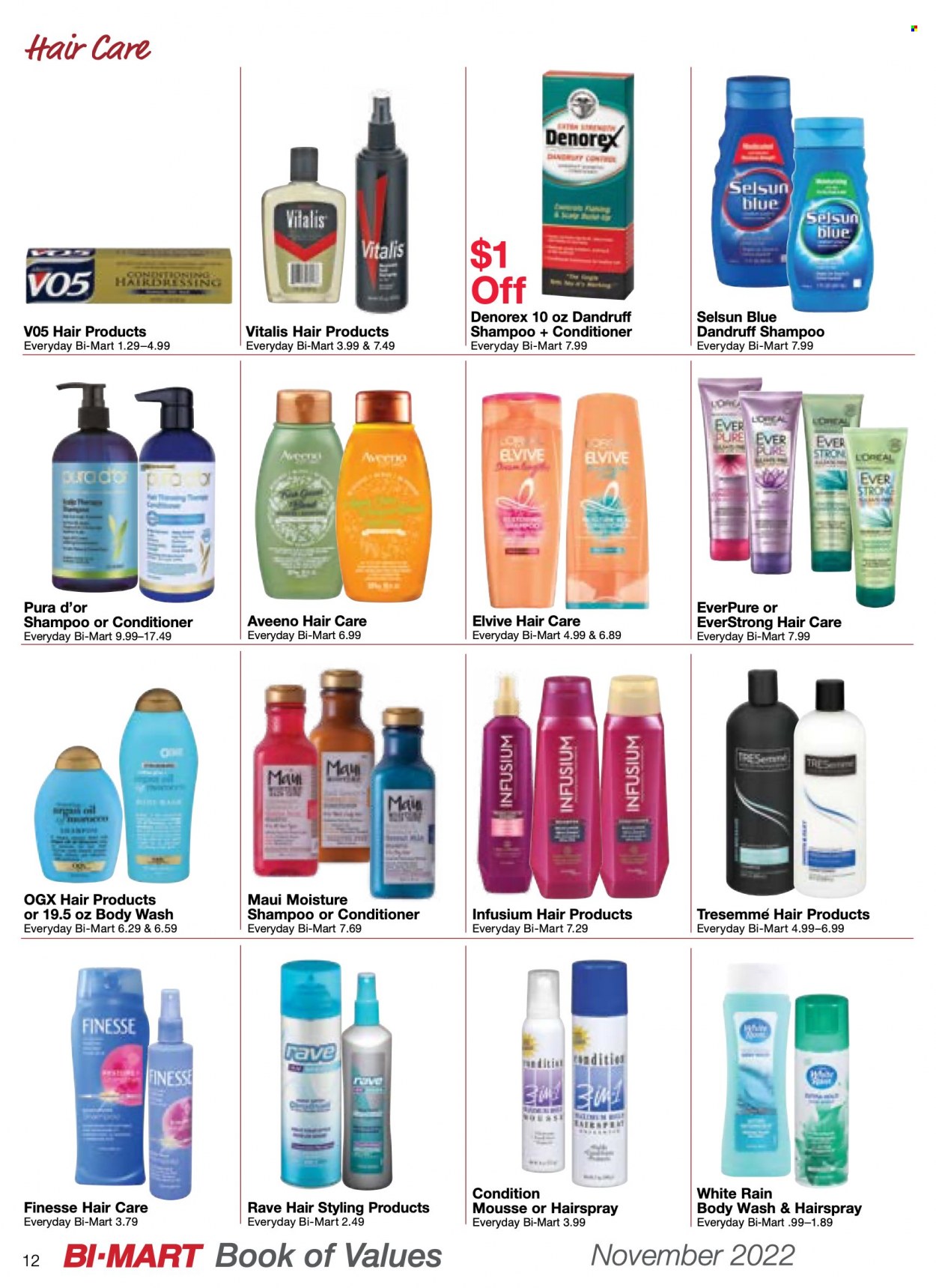 thumbnail - Bi-Mart Flyer - 11/01/2022 - 11/30/2022 - Sales products - Aveeno, body wash, shampoo, L’Oréal, OGX, conditioner, TRESemmé, Maui Moisture, argan oil. Page 12.