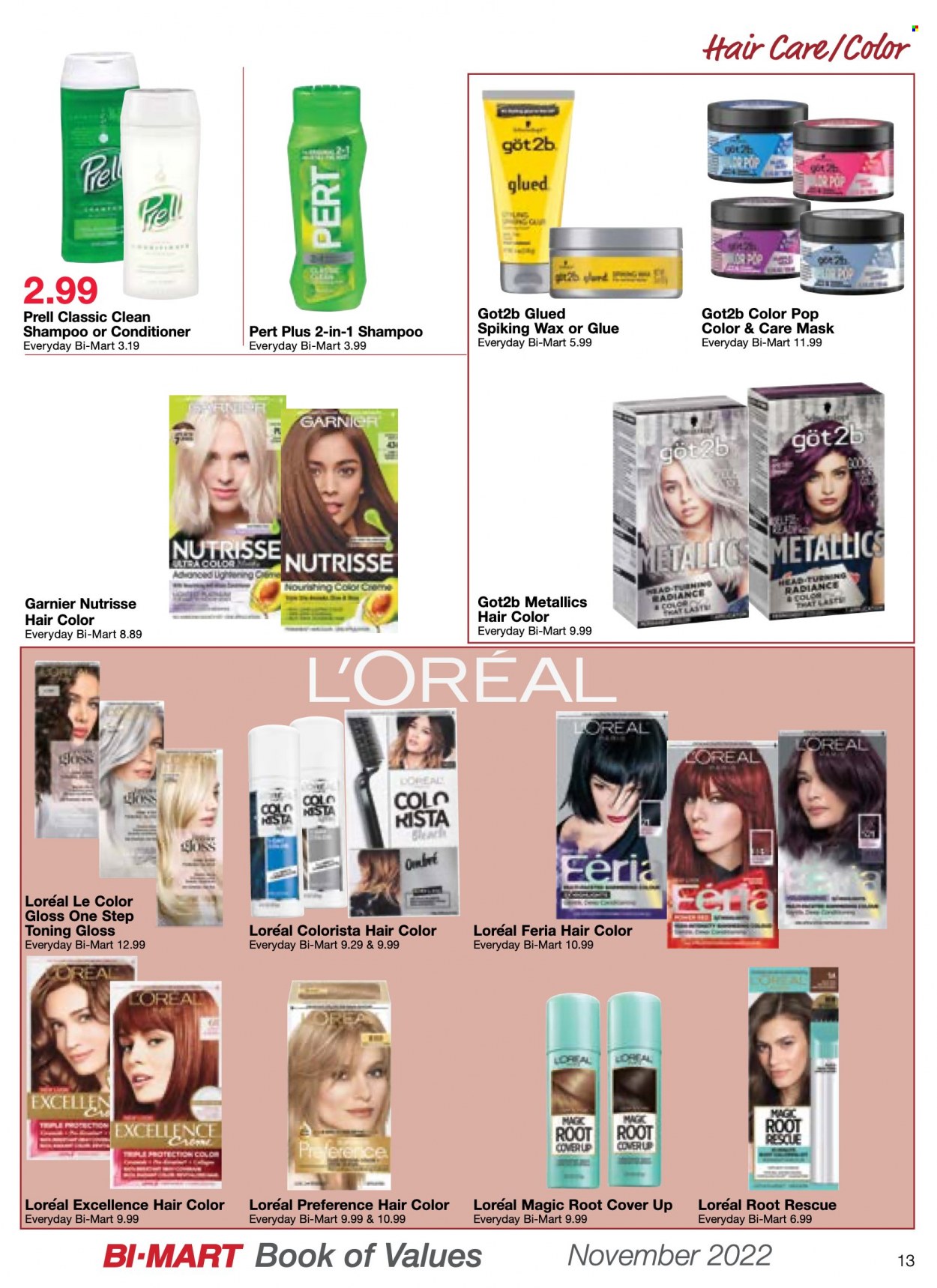 thumbnail - Bi-Mart Flyer - 11/01/2022 - 11/30/2022 - Sales products - L'Or, bleach, shampoo, Garnier, L’Oréal, conditioner, hair color. Page 13.