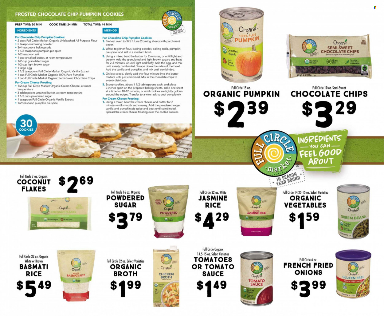 thumbnail - Fresh Market Flyer - 11/02/2022 - 12/06/2022 - Sales products - green beans, tomatoes, cheese, eggs, cookies, bicarbonate of soda, cane sugar, flour, granulated sugar, chicken broth, icing sugar, broth, vanilla extract, tomato sauce, basmati rice, rice, jasmine rice, spice, flaked coconut, teaspoon, bowl, goal. Page 3.
