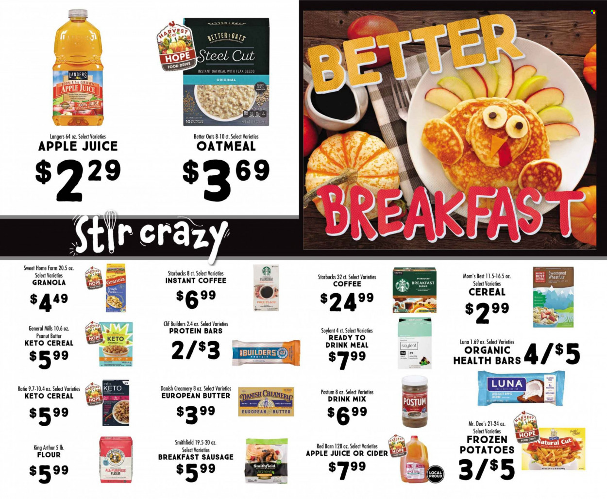 thumbnail - Fresh Market Flyer - 11/02/2022 - 12/06/2022 - Sales products - potatoes, coconut, sausage, chocolate, flour, oatmeal, oats, cereals, granola, protein bar, Mom's Best, peanut butter, apple juice, juice, Starbucks, instant coffee, breakfast blend, cider. Page 12.
