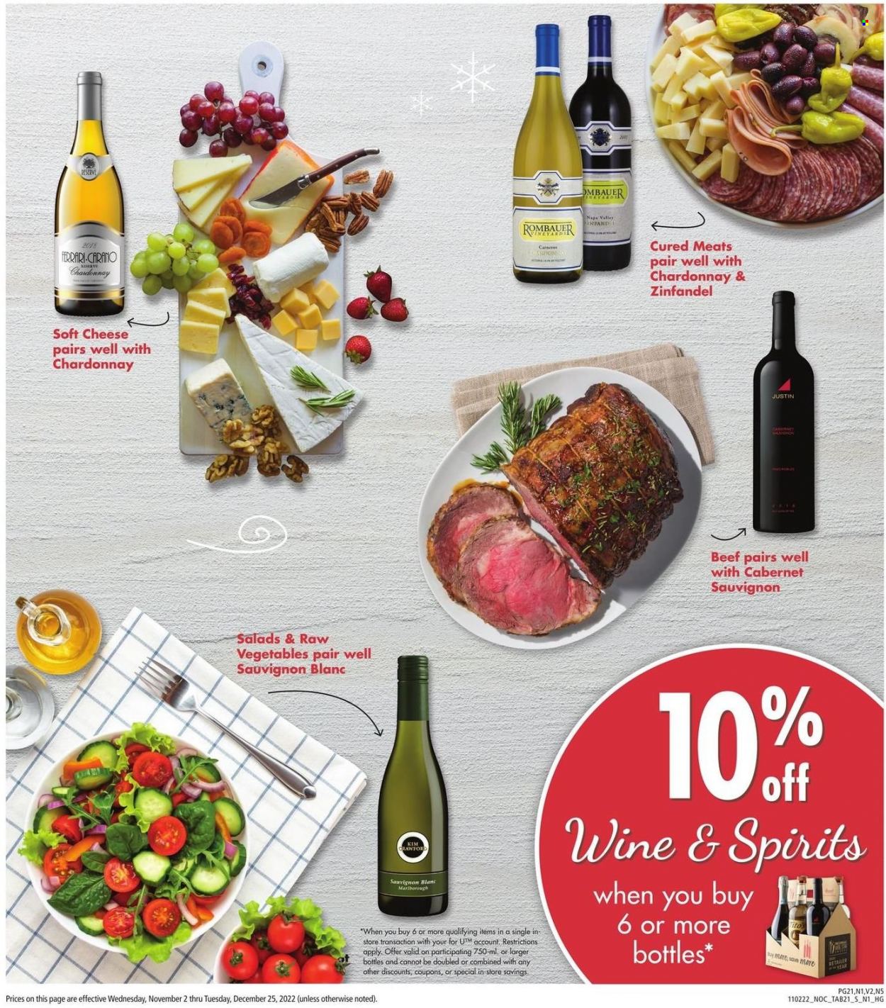 thumbnail - Safeway Flyer - 11/02/2022 - 12/25/2022 - Sales products - soft cheese, cheese, Cabernet Sauvignon, red wine, white wine, Chardonnay, wine, Sauvignon Blanc. Page 21.
