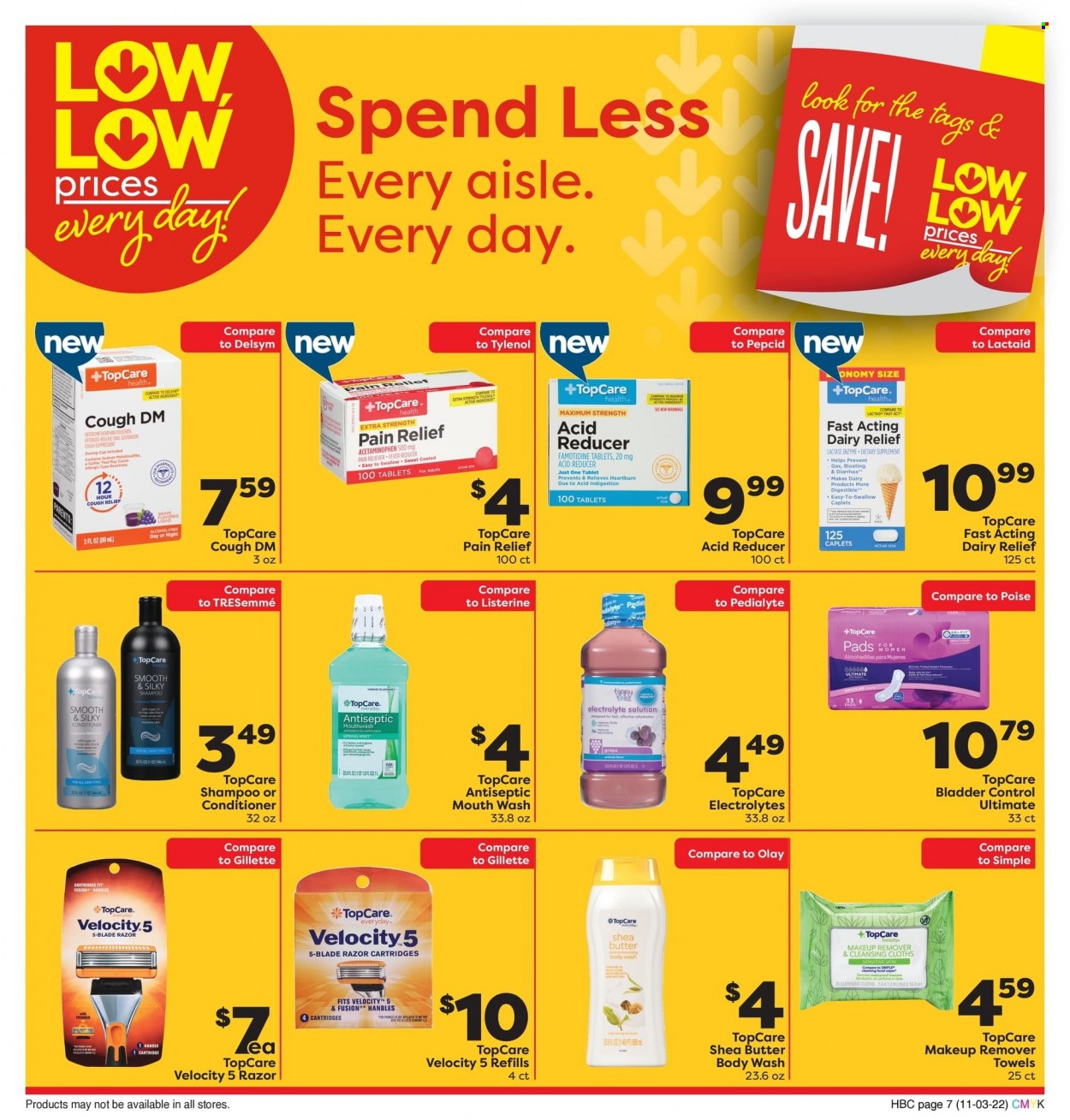 thumbnail - Weis Flyer - 11/03/2022 - 11/30/2022 - Sales products - Lactaid, alcohol, body wash, shampoo, Listerine, mouthwash, Olay, conditioner, TRESemmé, shea butter, Gillette, cup, Delsym, Tylenol, pain relief, Pepcid, dietary supplement. Page 7.