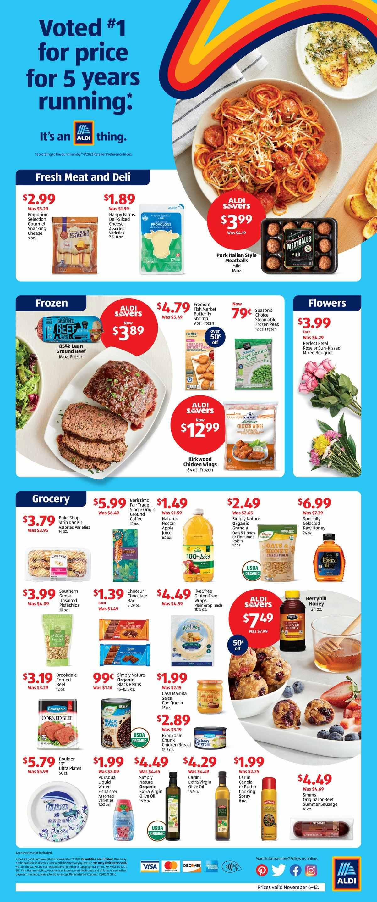 thumbnail - ALDI Flyer - 11/06/2022 - 12/03/2022 - Sales products - wraps, spinach, peas, shrimps, meatballs, sausage, summer sausage, corned beef, sliced cheese, cheese, Provolone, butter, chicken wings, milk chocolate, chocolate bar, black beans, cereals, granola, salsa, cooking spray, extra virgin olive oil, olive oil, oil, pistachios, apple juice, juice, coffee, ground coffee, rosé wine, beef meat, ground beef, plate, bouquet, rose. Page 1.