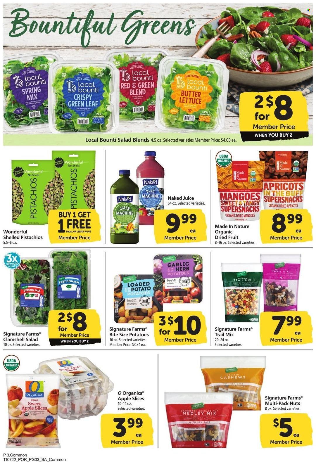 thumbnail - Safeway Flyer - 11/07/2022 - 12/04/2022 - Sales products - butter lettuce, garlic, spinach, potatoes, lettuce, salad, apricots, cashews, dried fruit, pistachios, trail mix, juice, Nature Made. Page 3.